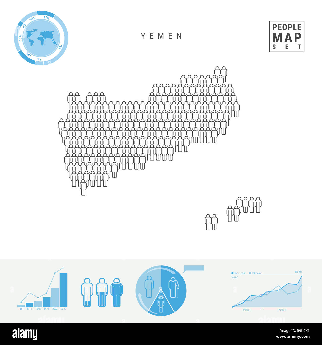 Jemen Menschen auf das Symbol Karte. Leute in der Form einer Karte von Jemen. Stilisierte Silhouette des Jemen. Bevölkerungswachstum und Überalterung Infografik Elemente. Il Stockfoto