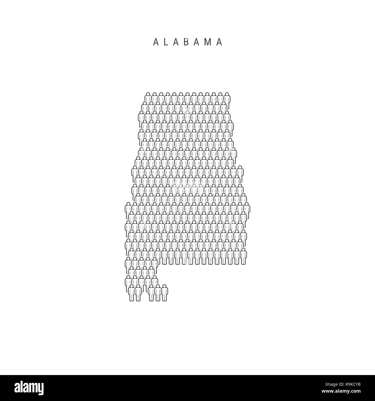 Leute Karte von Alabama, USA. Stilisierte Silhouette, Leute in der Form einer Karte von Alabama. Alabama Bevölkerung. Abbildung isoliert auf Whit Stockfoto