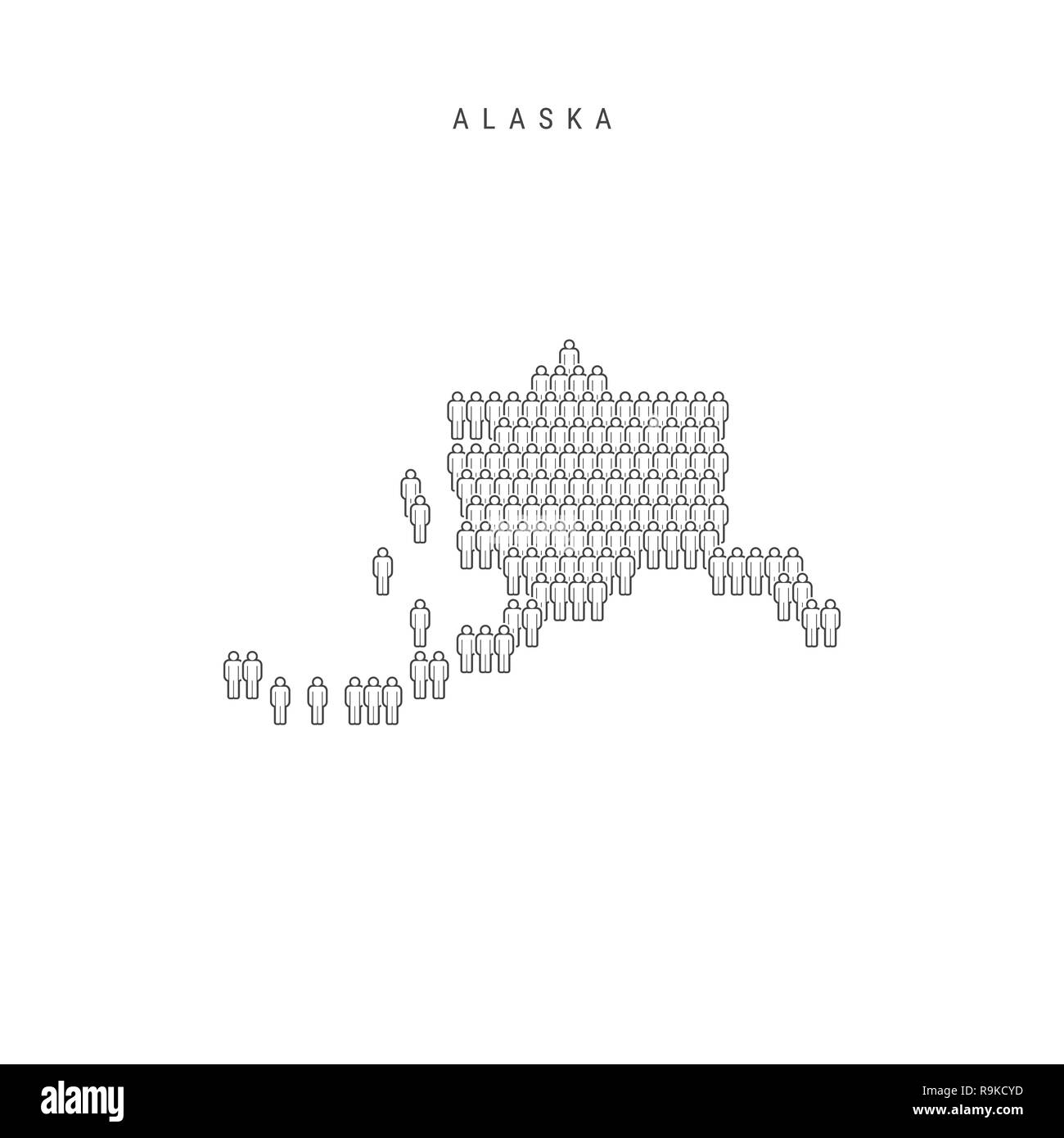 Leute Karte von Alaska, US-Staat. Stilisierte Silhouette, Leute in der Form einer Karte von Alaska. Alaska Bevölkerung. Abbildung isoliert auf weißem B Stockfoto