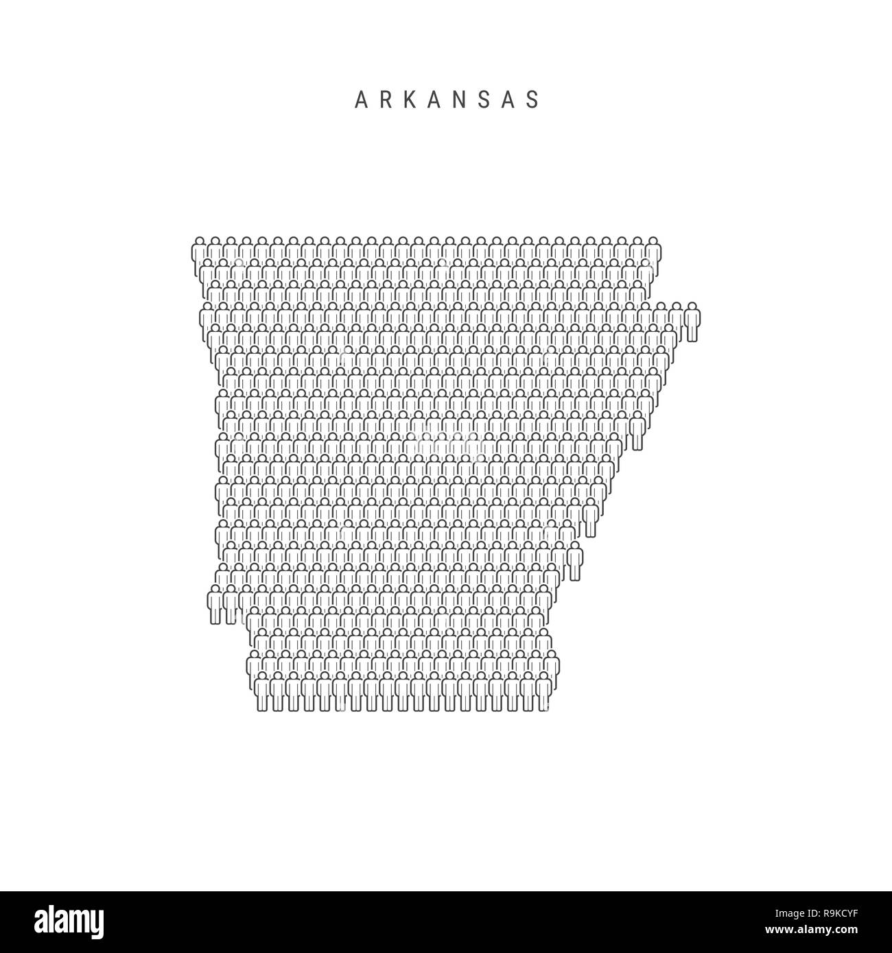 Leute Karte von Arkansas, US-Staat. Stilisierte Silhouette, Leute in der Form einer Karte von Arkansas. Arkansas Bevölkerung. Abbildung isoliert auf W Stockfoto