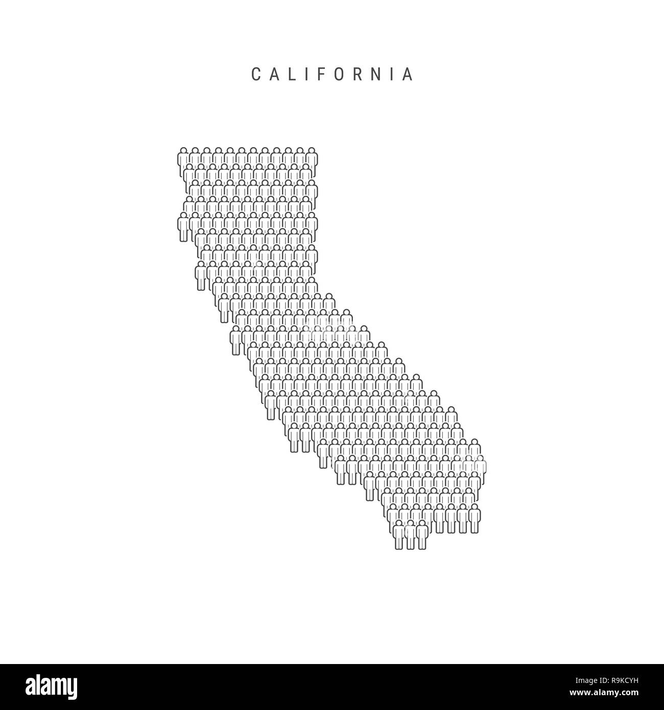 Leute Karte von Kalifornien, USA. Stilisierte Silhouette, Leute in der Form einer Karte von Kalifornien. Kalifornien Bevölkerung. Abbildung: Isolieren Stockfoto