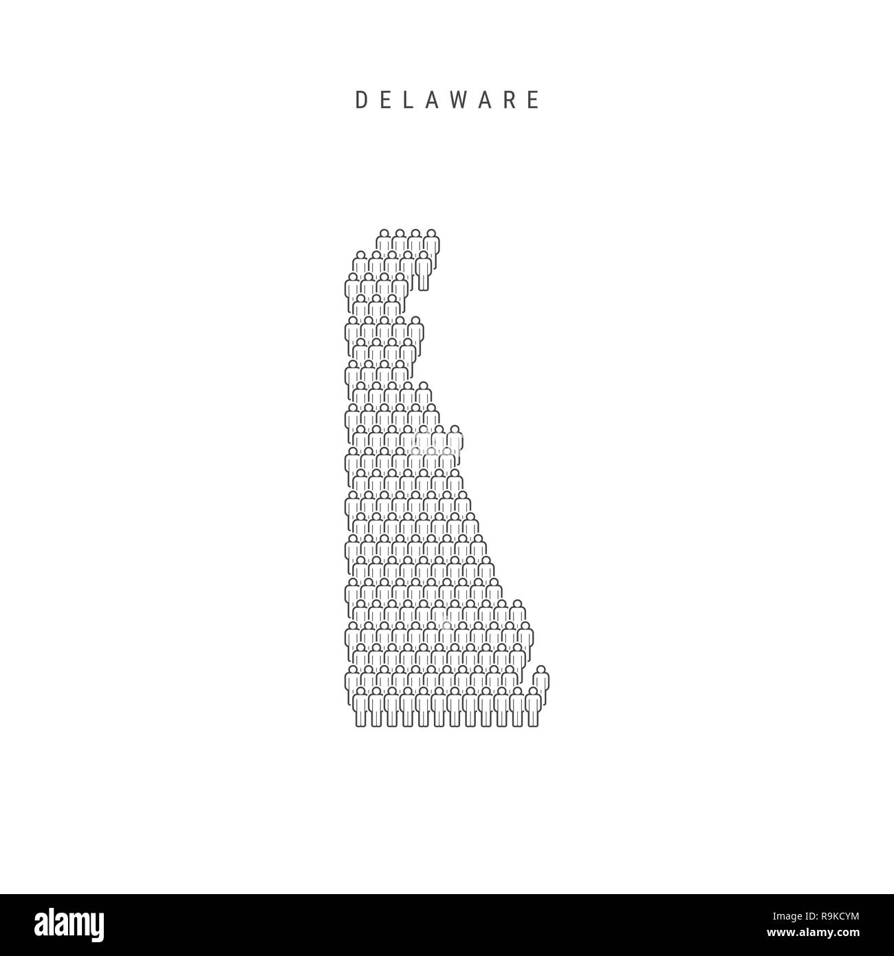 Leute Karte von Delaware, USA. Stilisierte Silhouette, Leute in der Form einer Karte von Delaware. Delaware Bevölkerung. Abbildung isoliert auf W Stockfoto