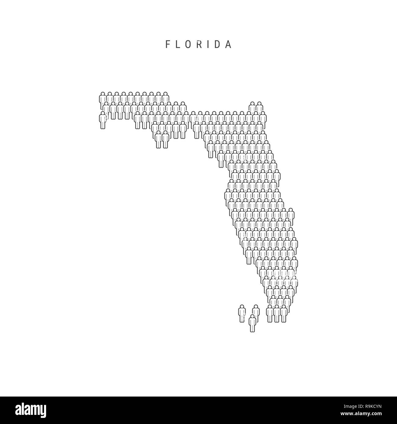 Leute Karte von Florida, US-Staat. Stilisierte Silhouette, Leute in der Form einer Karte von Florida. Florida Bevölkerung. Abbildung isoliert auf Whit Stockfoto