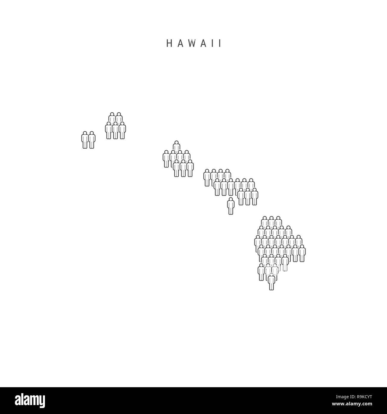 Leute Karte von Hawaii, US-Staat. Stilisierte Silhouette, Leute in der Form einer Karte von Hawaii. Hawaii Bevölkerung. Abbildung isoliert auf weißem B Stockfoto
