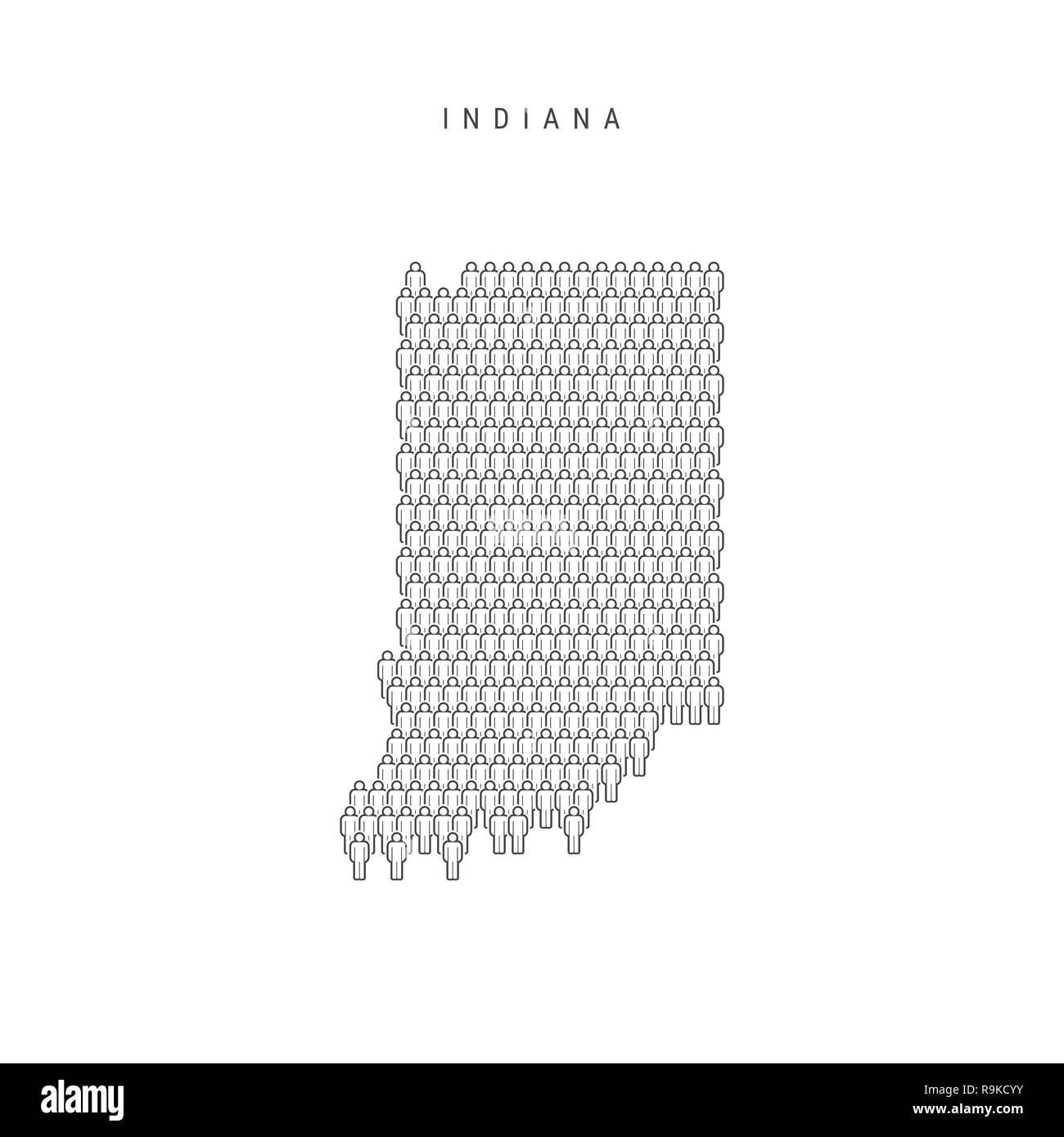 Leute Karte von Indiana, US-Staat. Stilisierte Silhouette, Leute in der Form einer Karte von Indiana. Indiana Bevölkerung. Abbildung isoliert auf Whit Stockfoto