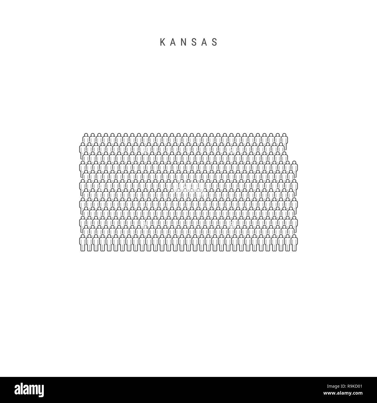 Leute Karte von Kansas, USA. Stilisierte Silhouette, Leute in der Form einer Karte von Kansas. Kansas Bevölkerung. Abbildung isoliert auf weißem B Stockfoto