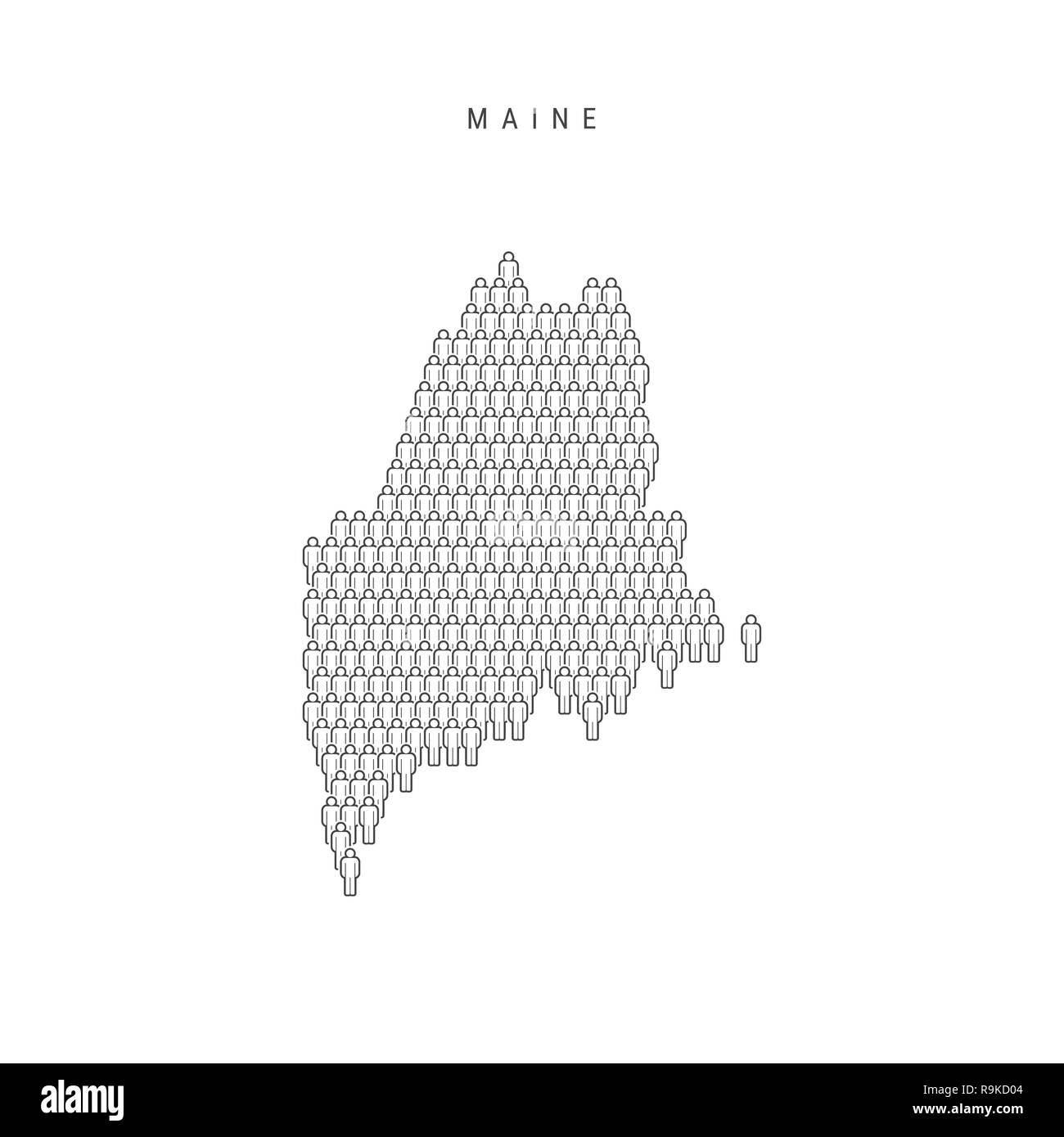 Leute Karte von Maine, USA. Stilisierte Silhouette, Leute in der Form einer Karte von Maine. Maine Bevölkerung. Abbildung isoliert auf Weiß Zurück Stockfoto