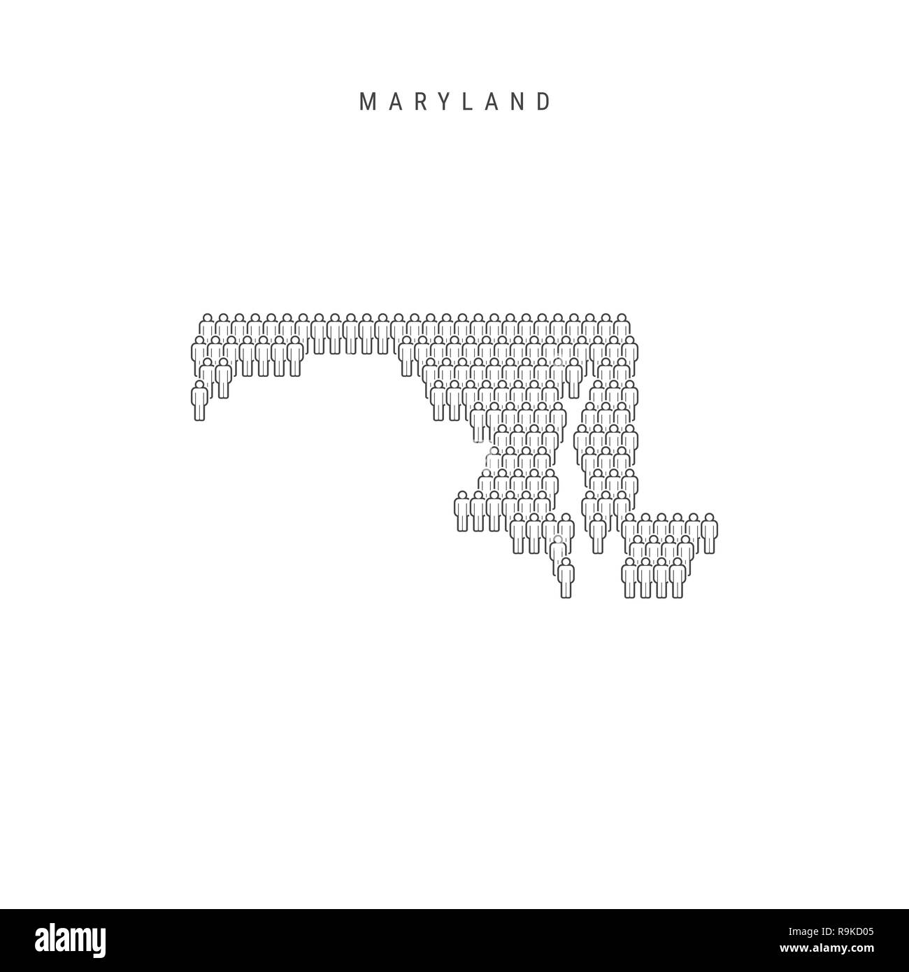 Leute Karte von Maryland, USA. Stilisierte Silhouette, Leute in der Form einer Karte von Maryland. Maryland Bevölkerung. Abbildung isoliert auf W Stockfoto