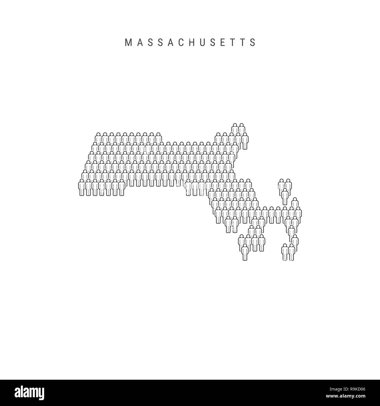 Leute Karte von Massachusetts, USA. Stilisierte Silhouette, Leute in der Form einer Karte von Massachusetts. Massachusetts Bevölkerung. Illustratio Stockfoto