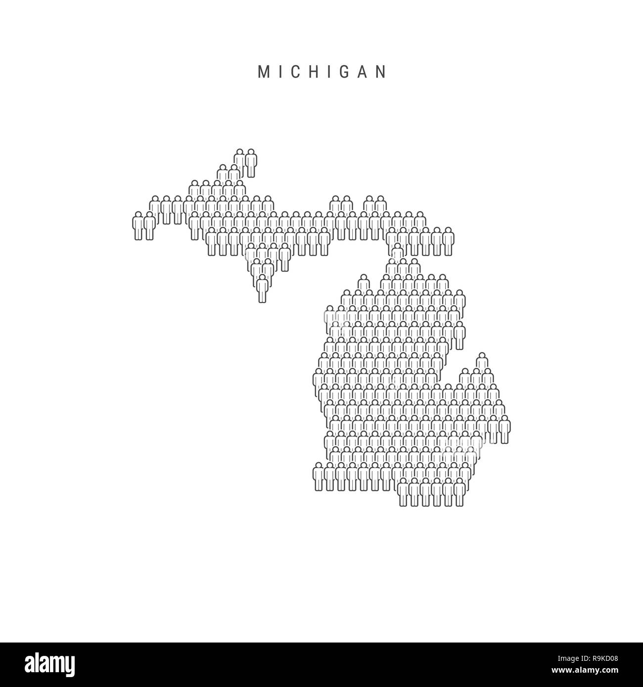 Leute Karte von Michigan, US-Staat. Stilisierte Silhouette, Leute in der Form einer Karte von Michigan. Michigan Bevölkerung. Abbildung isoliert auf W Stockfoto