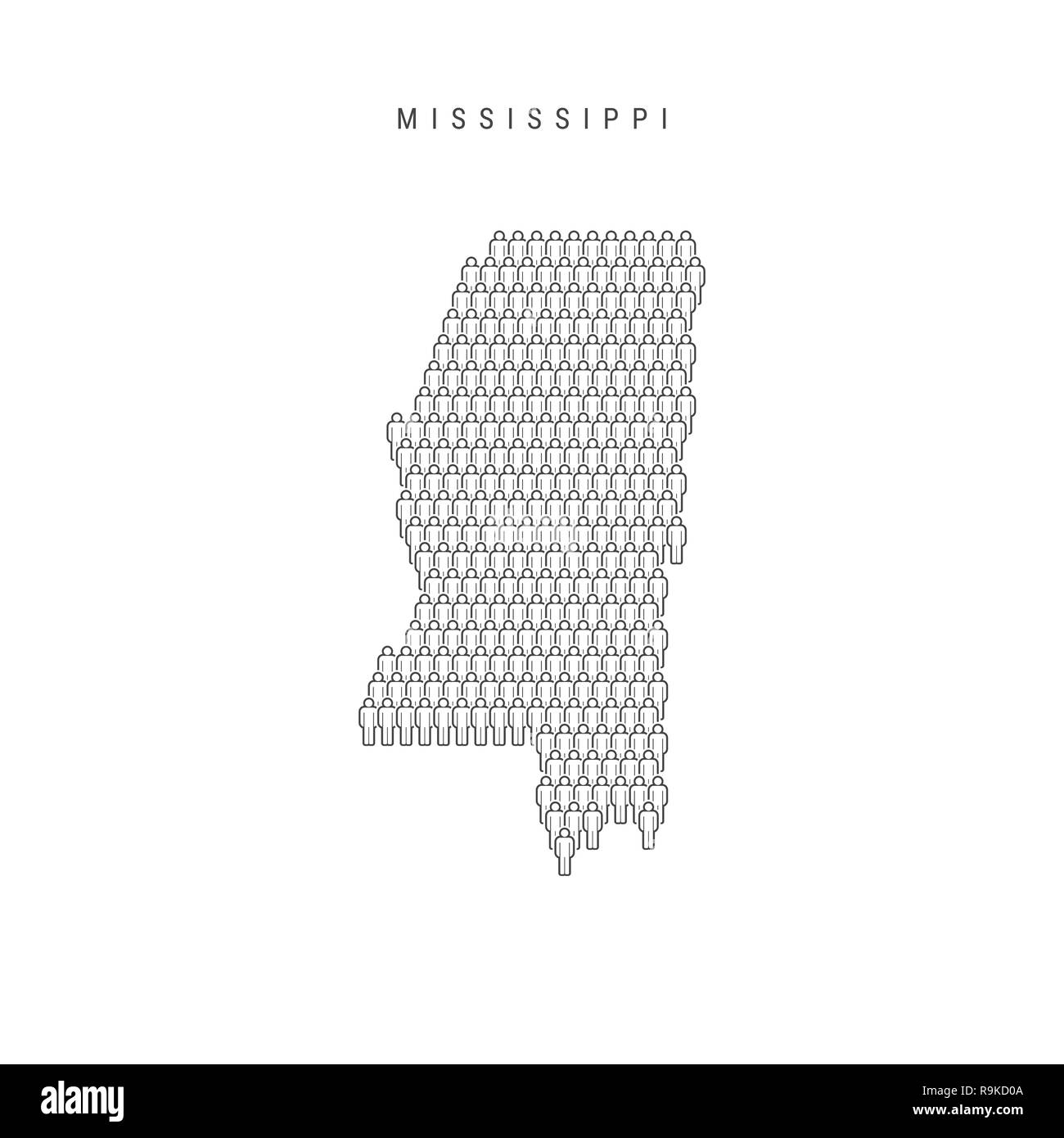 Leute Karte von Mississippi, US-Staat. Stilisierte Silhouette, Leute in der Form einer Karte von Mississippi. Mississippi Bevölkerung. Abbildung: Isol Stockfoto