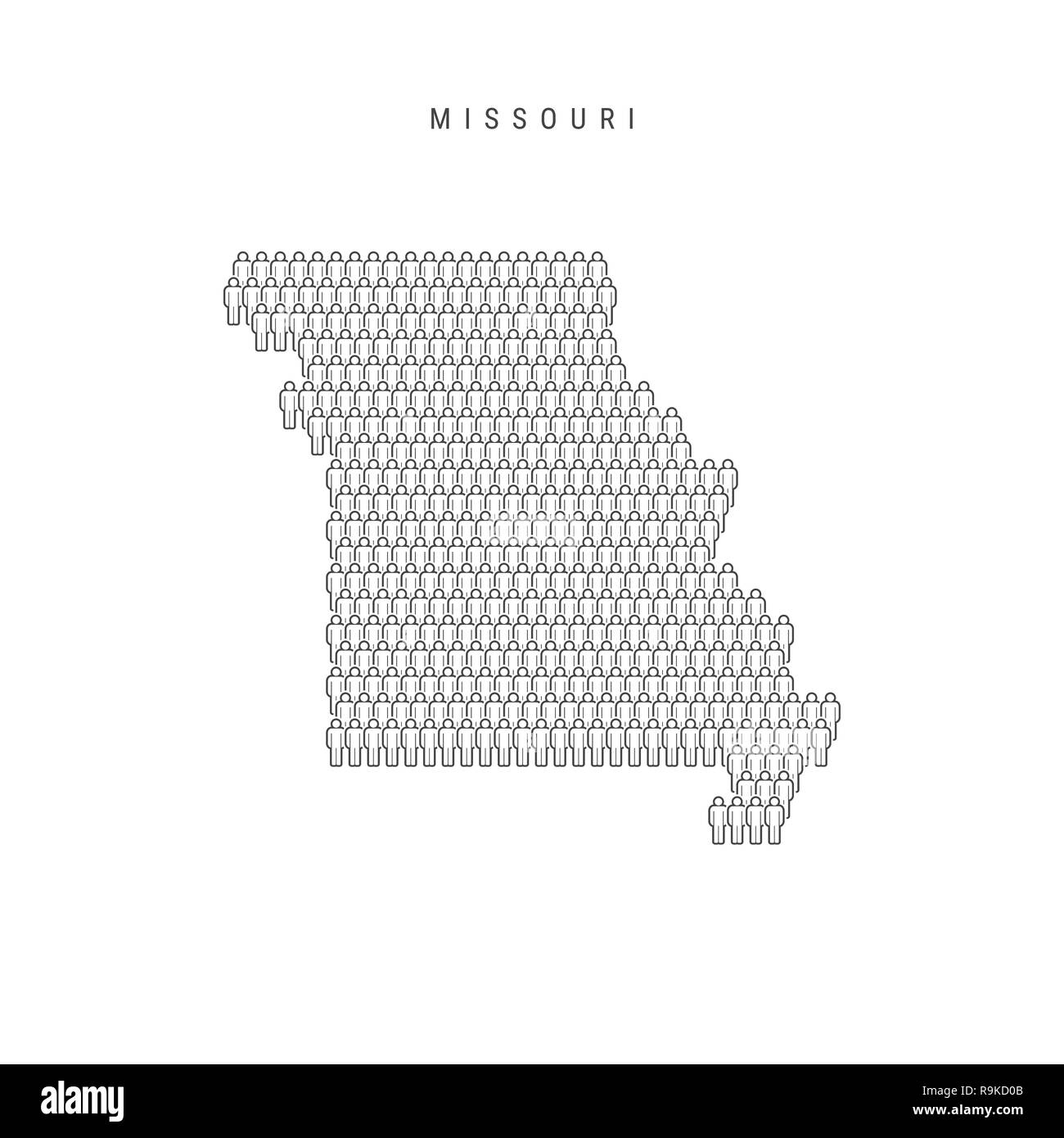 Leute Karte von Missouri, US-Staat. Stilisierte Silhouette, Leute in der Form einer Karte von Missouri. Missouri Bevölkerung. Abbildung isoliert auf W Stockfoto