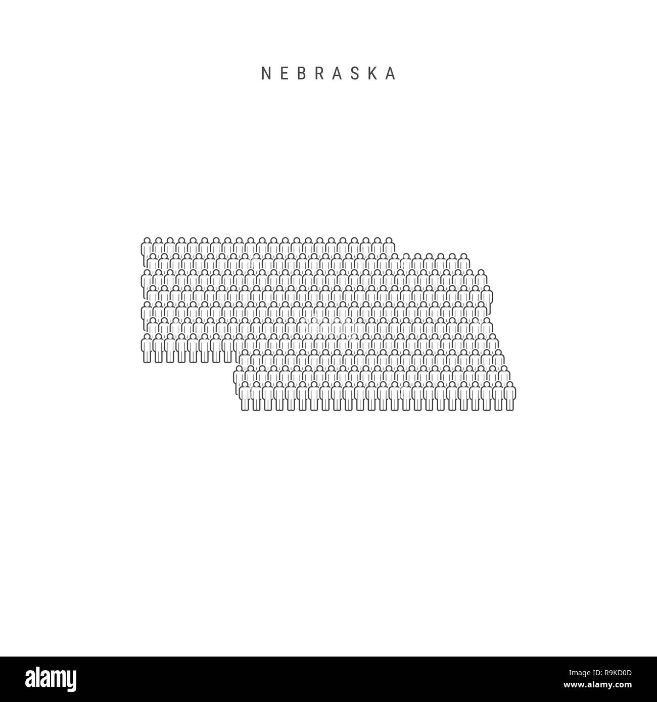 Leute Karte von Nebraska, US-Staat. Stilisierte Silhouette, Leute in der Form einer Karte von Nebraska. Nebraska Bevölkerung. Abbildung isoliert auf W Stockfoto