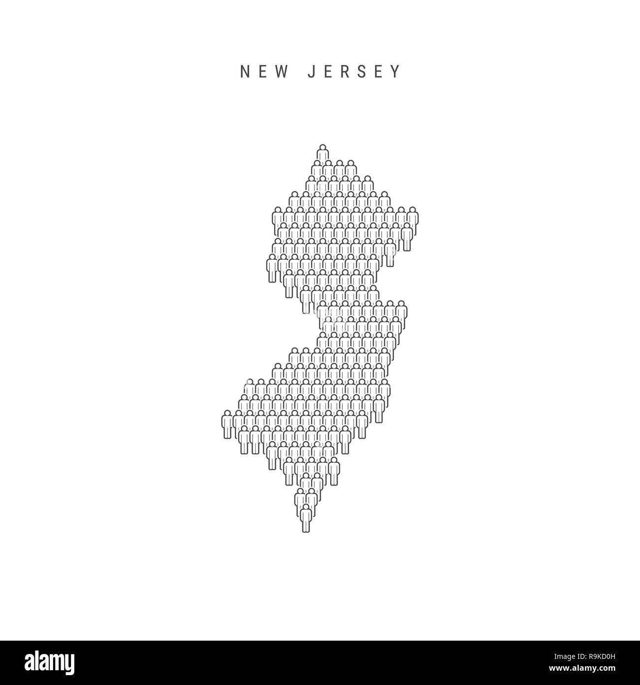 Leute Karte von New Jersey, USA. Stilisierte Silhouette, Leute in der Form einer Karte von New Jersey. New Jersey Bevölkerung. Abbildung: Isolieren Stockfoto