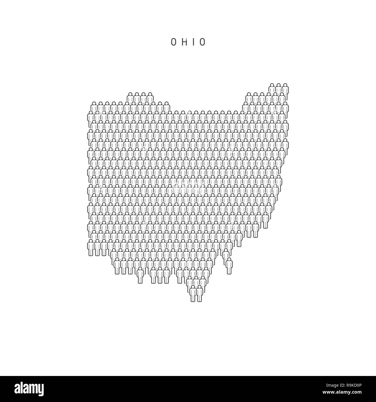 Leute Karte von Ohio, US-Staat. Stilisierte Silhouette, Leute in der Form einer Karte von Ohio. Ohio Bevölkerung. Abbildung isoliert auf weißem Backgro Stockfoto