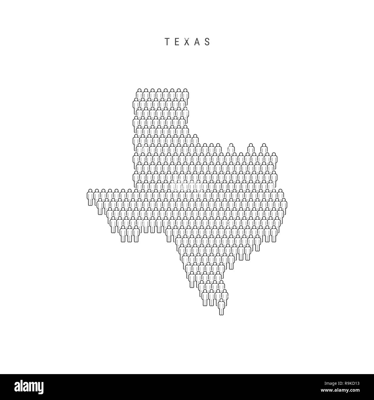 Leute Karte von Texas, US-Staat. Stilisierte Silhouette, Leute in der Form einer Karte von Texas. Texas Bevölkerung. Abbildung isoliert auf Weiß Zurück Stockfoto