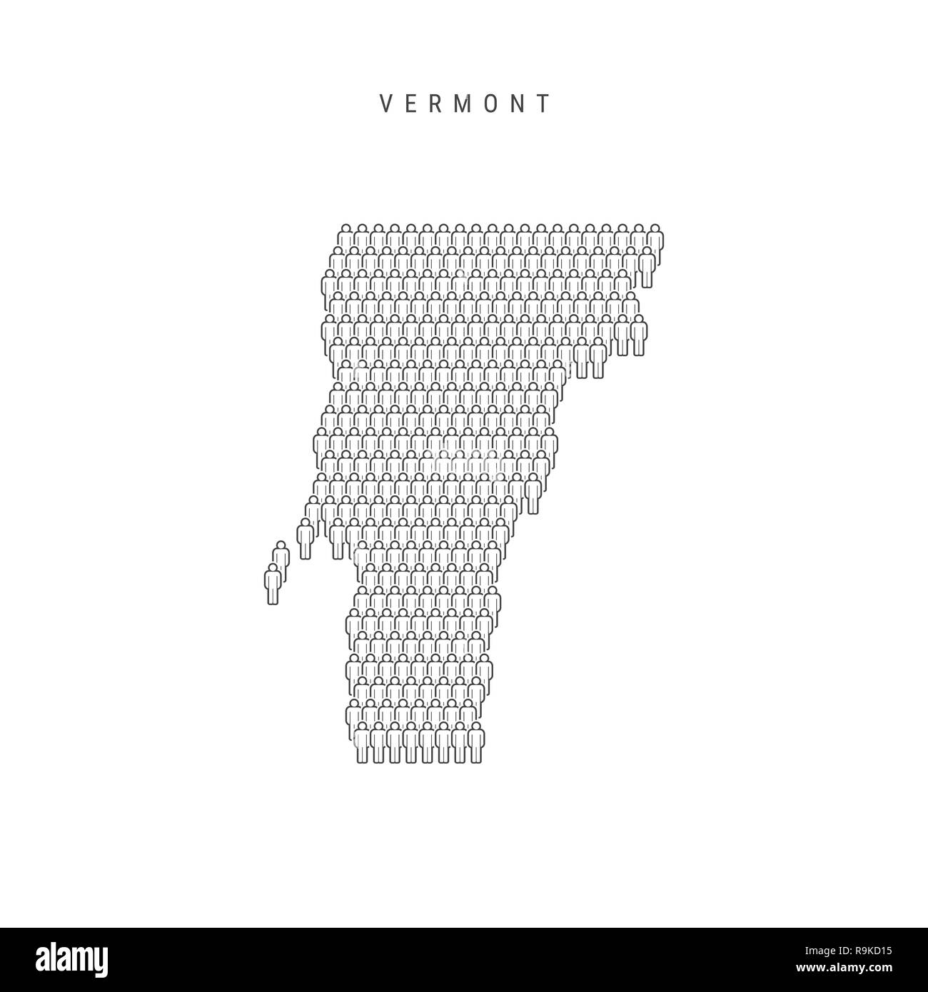 Leute Karte von Vermont, USA. Stilisierte Silhouette, Leute in der Form einer Karte von Vermont. Vermont Bevölkerung. Abbildung isoliert auf Whit Stockfoto