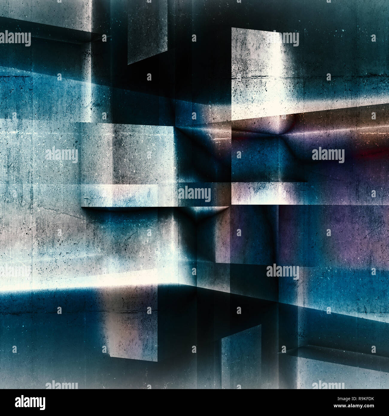 Abstrakte farbenfrohe dunklen Platz konkreten Hintergrund mit Double Exposure Effekt, 3D-Rendering illustration Stockfoto