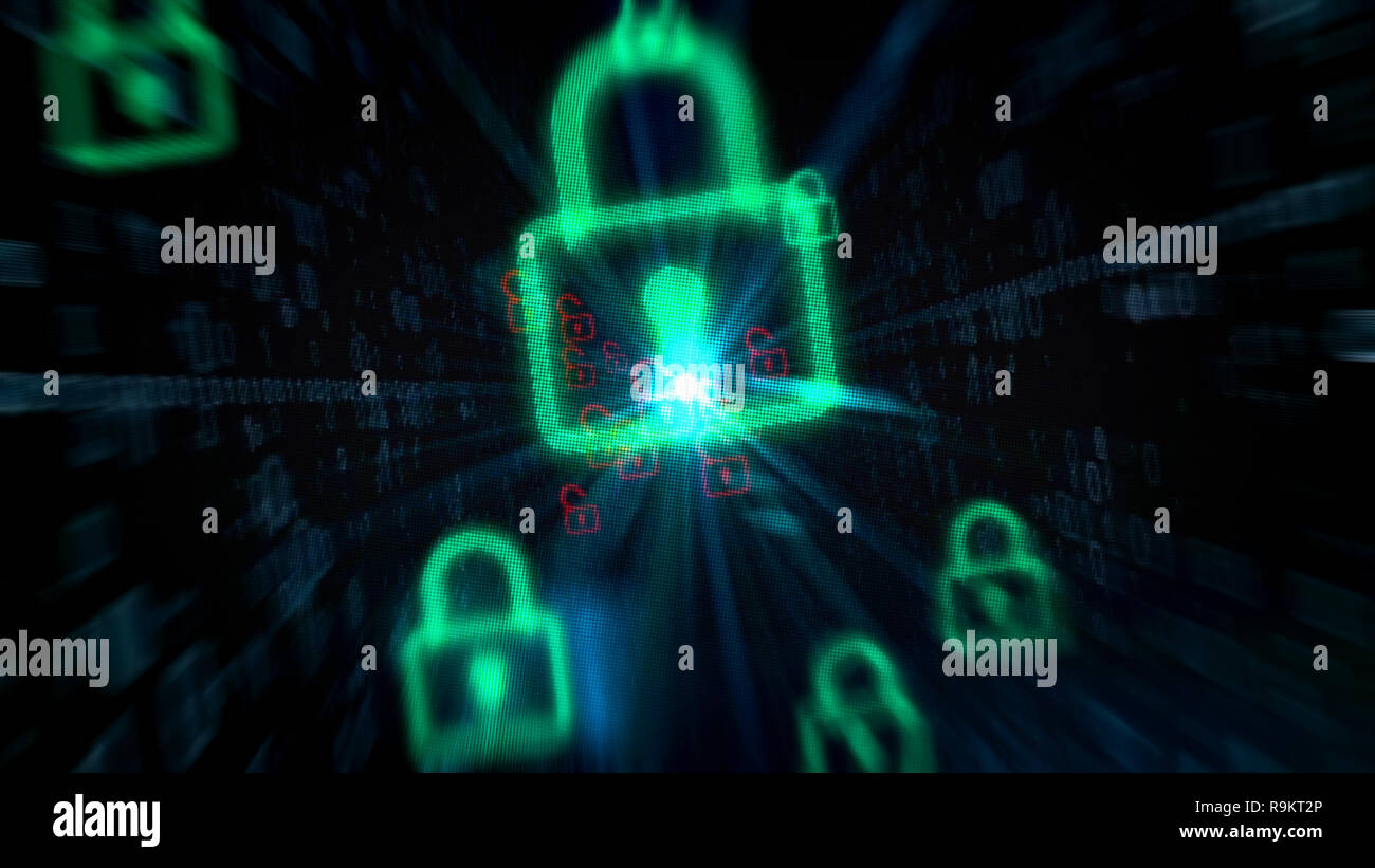 Cyber Security Konzept mit Öffnung Vorhängeschlösser auf digitalen Hintergrund. Abstrakten 3D Abbildung: Internet Sicherheit und Schutz des Computers. Anzeige Pixel Stockfoto