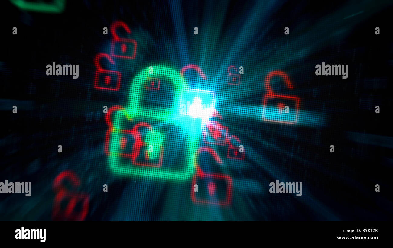 Cyber Security Konzept mit Öffnung Vorhängeschlösser auf digitalen Hintergrund. Abstrakten 3D Abbildung: Internet Sicherheit und Schutz des Computers. Anzeige Pixel Stockfoto