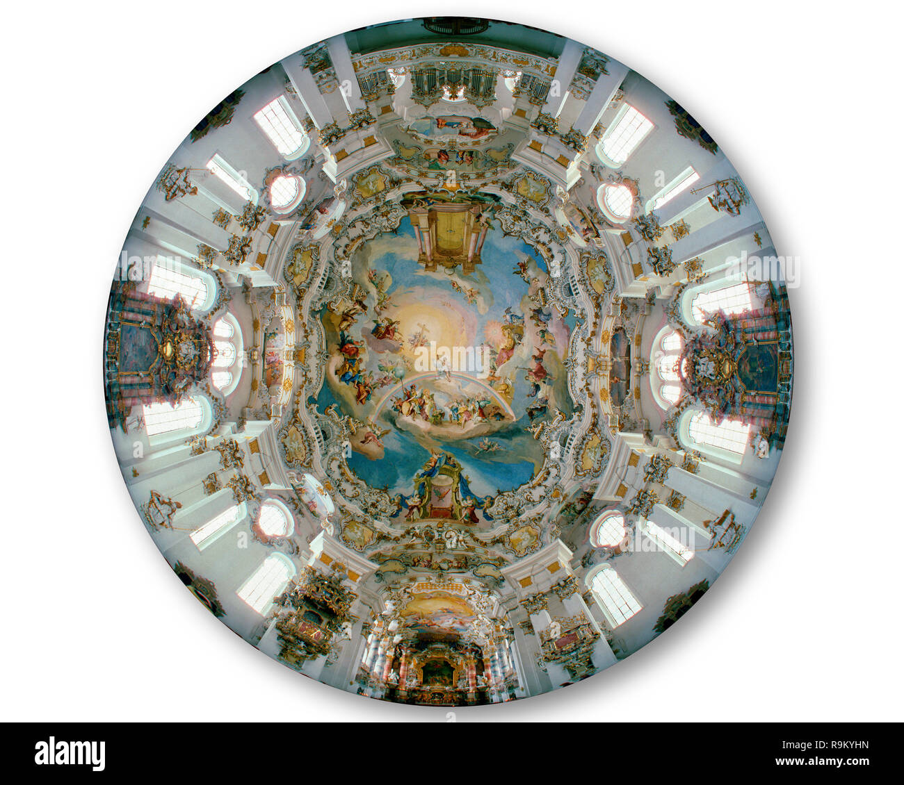 DE - Bayern: Innenansicht des Rokoko Wieskirche durch ein Fischaugenobjektiv Stockfoto