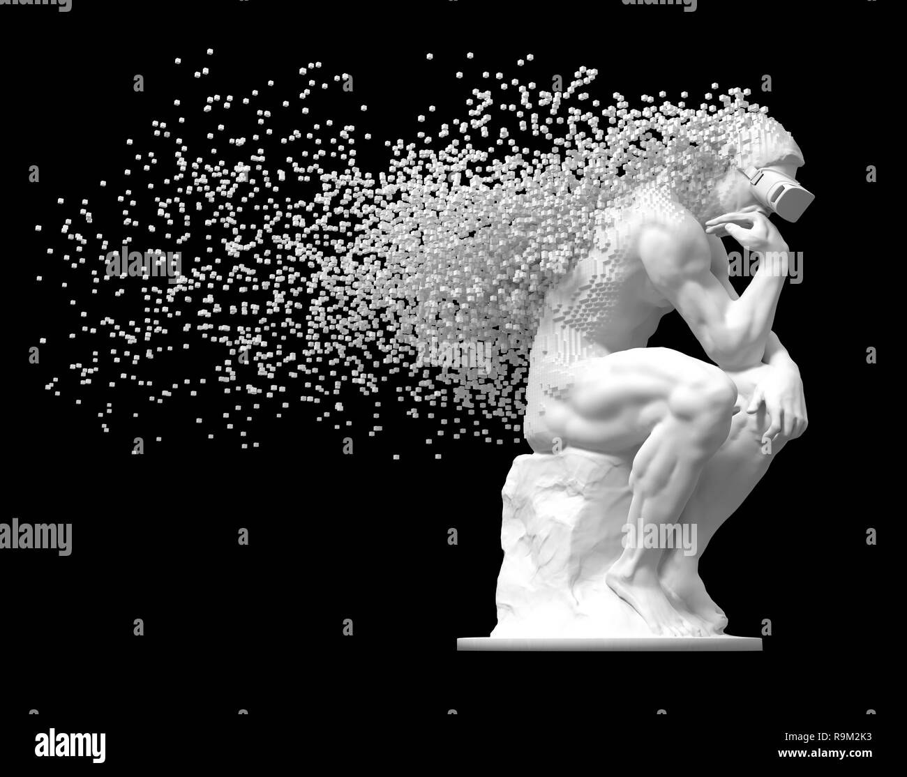 Skulptur Denker mit VR-Brille aufgelöst worden wäre in 3D-Pixel auf schwarzen Hintergrund. 3D-Darstellung. Stockfoto