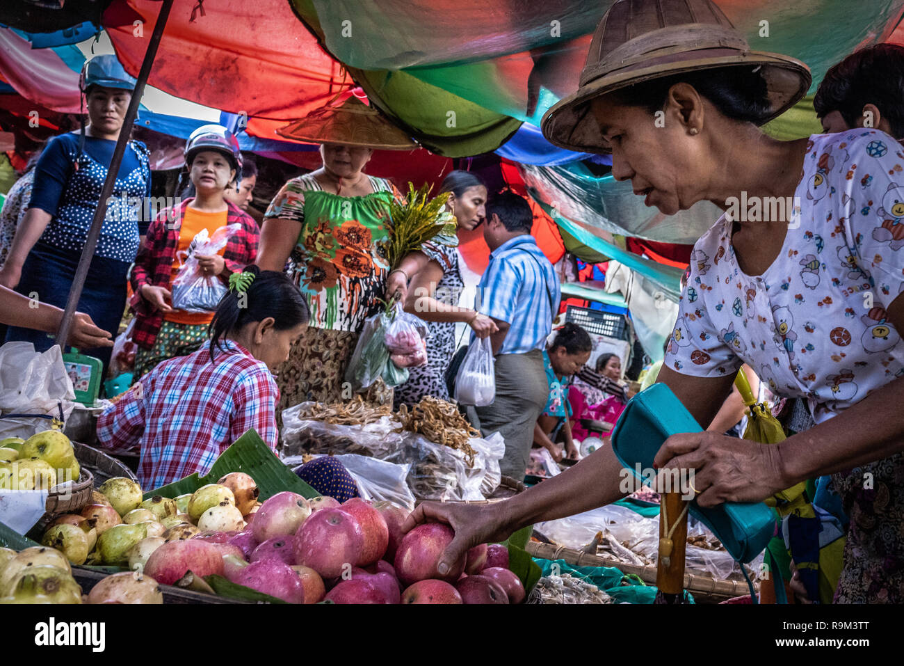 Frau Shopping für Obst in der gedrängten Sari San-Markt, Mandalay, Myanmar Stockfoto