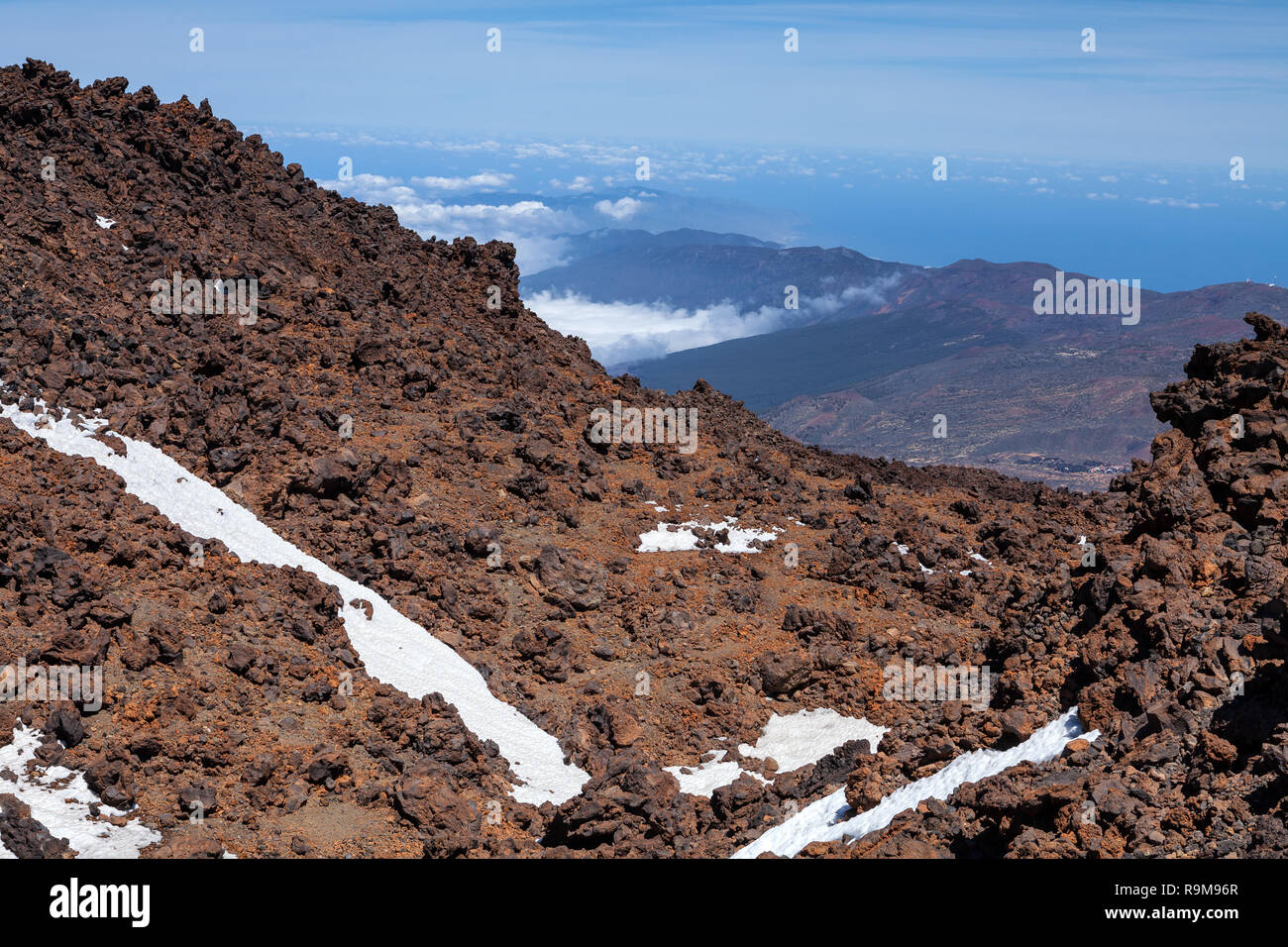 Schnee in der Oberseite der Vulkan Teide, Teneriffa, Kanarische Inseln, Spanien Stockfoto