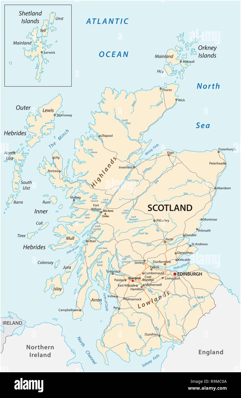 High Ausführliche Schottland Straßenkarte mit Beschriftung Stock Vektor