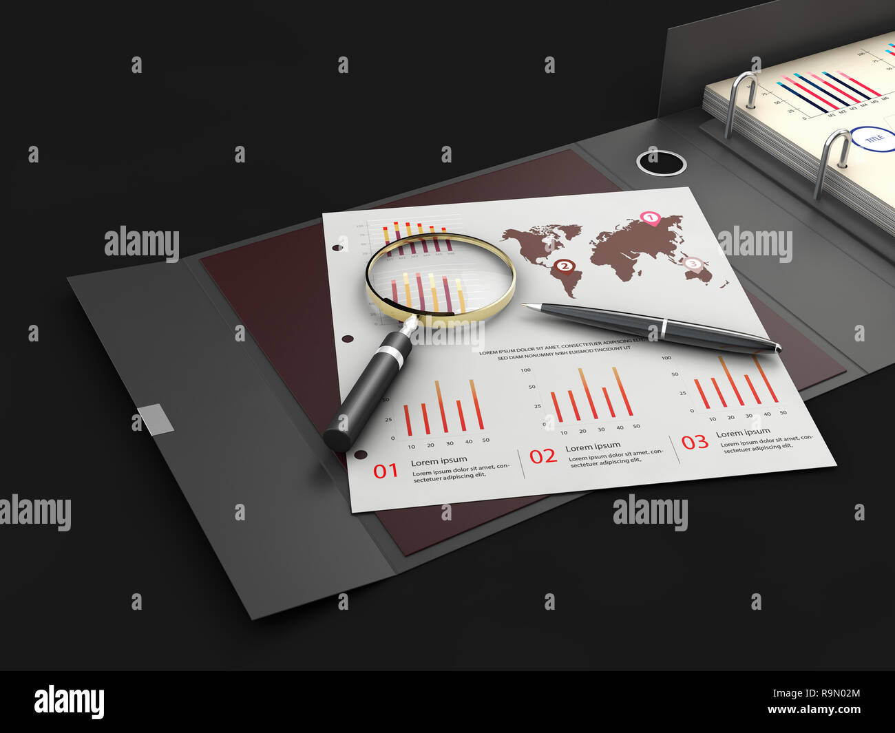 Ringbuch Ordner mit Diagrammen, 3D-Darstellung. Büro Kartonordner branding Präsentation. Stockfoto