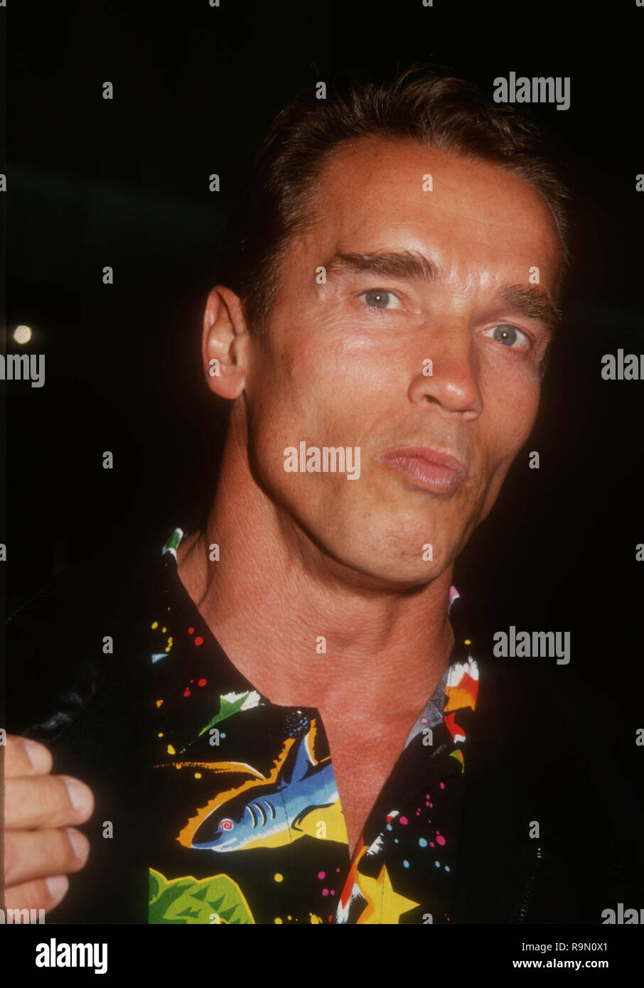 SANTA ANA, Ca - 12. Juni: Schauspieler Arnold Schwarzenegger Besucht werbe Party für "Last Action Hero" am 12. Juni 1993 im Planet Hollywood in Santa Ana, Kalifornien. Foto von Barry King/Alamy Stock Foto Stockfoto