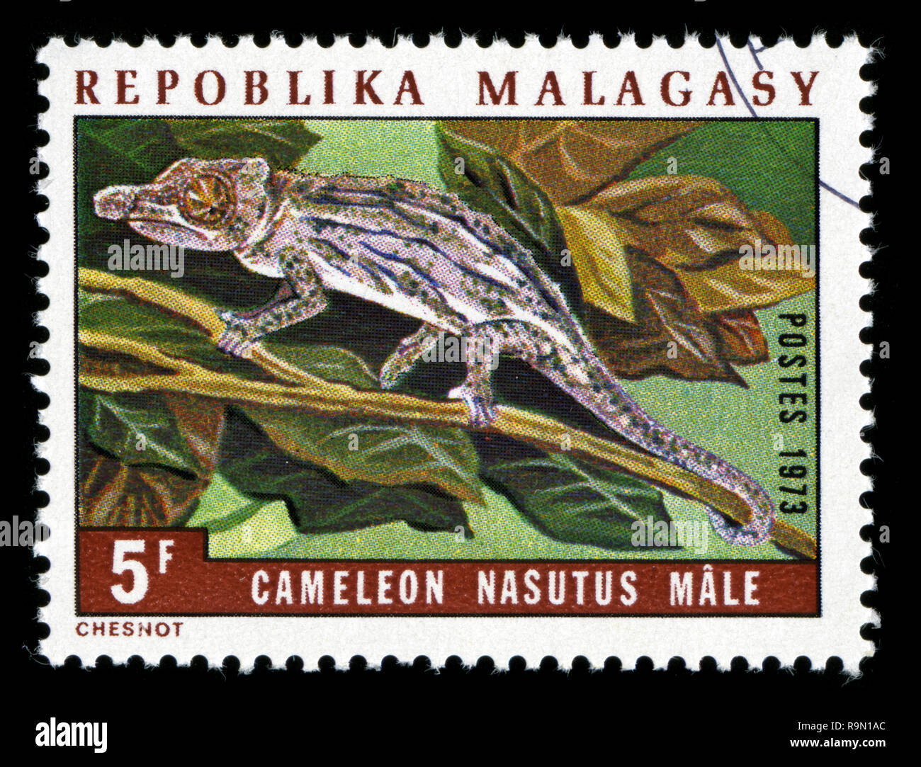 Briefmarke aus der Republik Madagaskar in der Chamäleons Serie 1973 ausgestellt Stockfoto