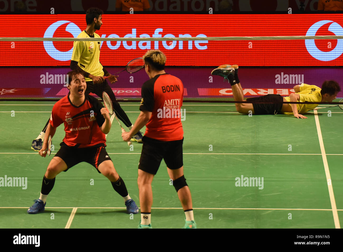 Hyderabad, Indien. 25 Dez, 2018. Die Spieler sind in Hyderabad Hunter vs Chennai Smashers Eröffnung Riegel in Vodafone Premier Badminton Liga 4 an Indoor Stadium Gachibowli Hyderabad. Credit: Varun Kumar Mukhia/Pacific Press/Alamy leben Nachrichten Stockfoto