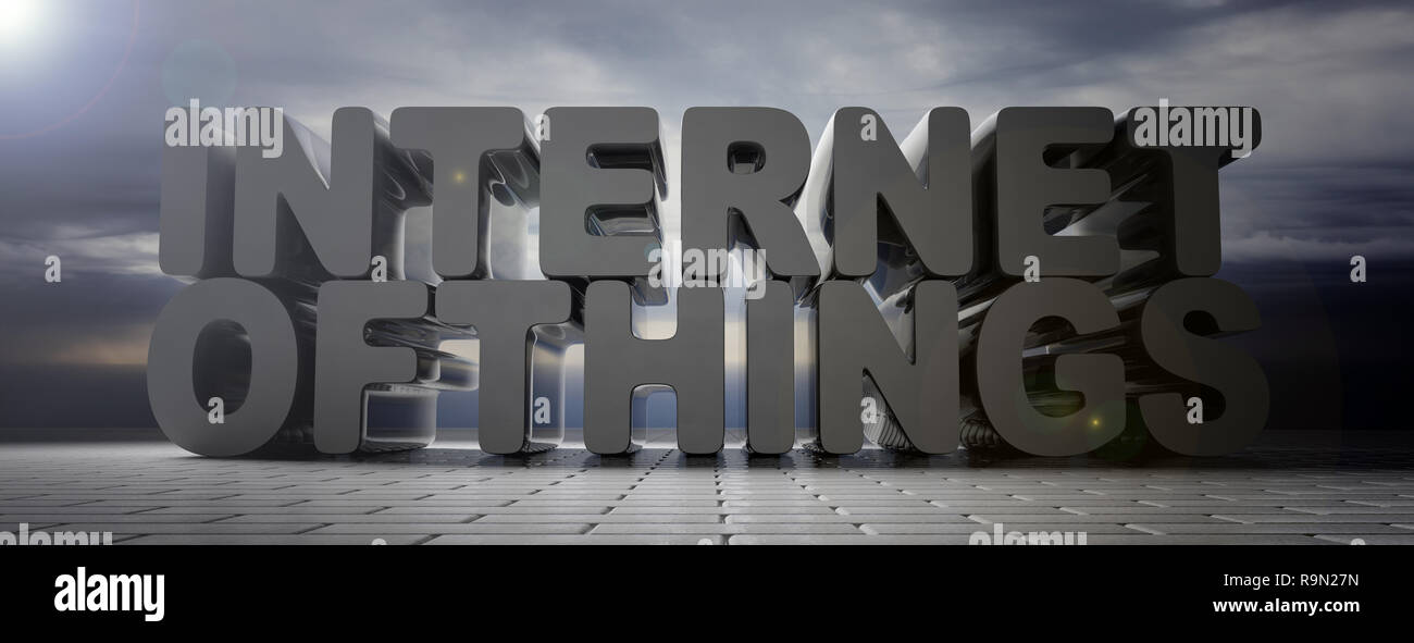 IOT-Konzept. Internet der Dinge text auf Grau bewölkter Himmel Hintergrund, Banner. 3D-Darstellung Stockfoto