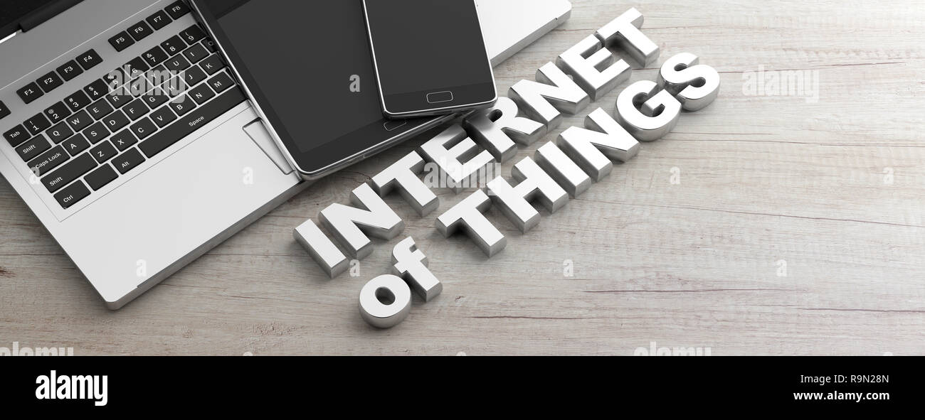 IOT-Konzept. Internet der Dinge text und elektronische Geräte, Holz- Hintergrund, Banner, kopieren. 3D-Darstellung Stockfoto