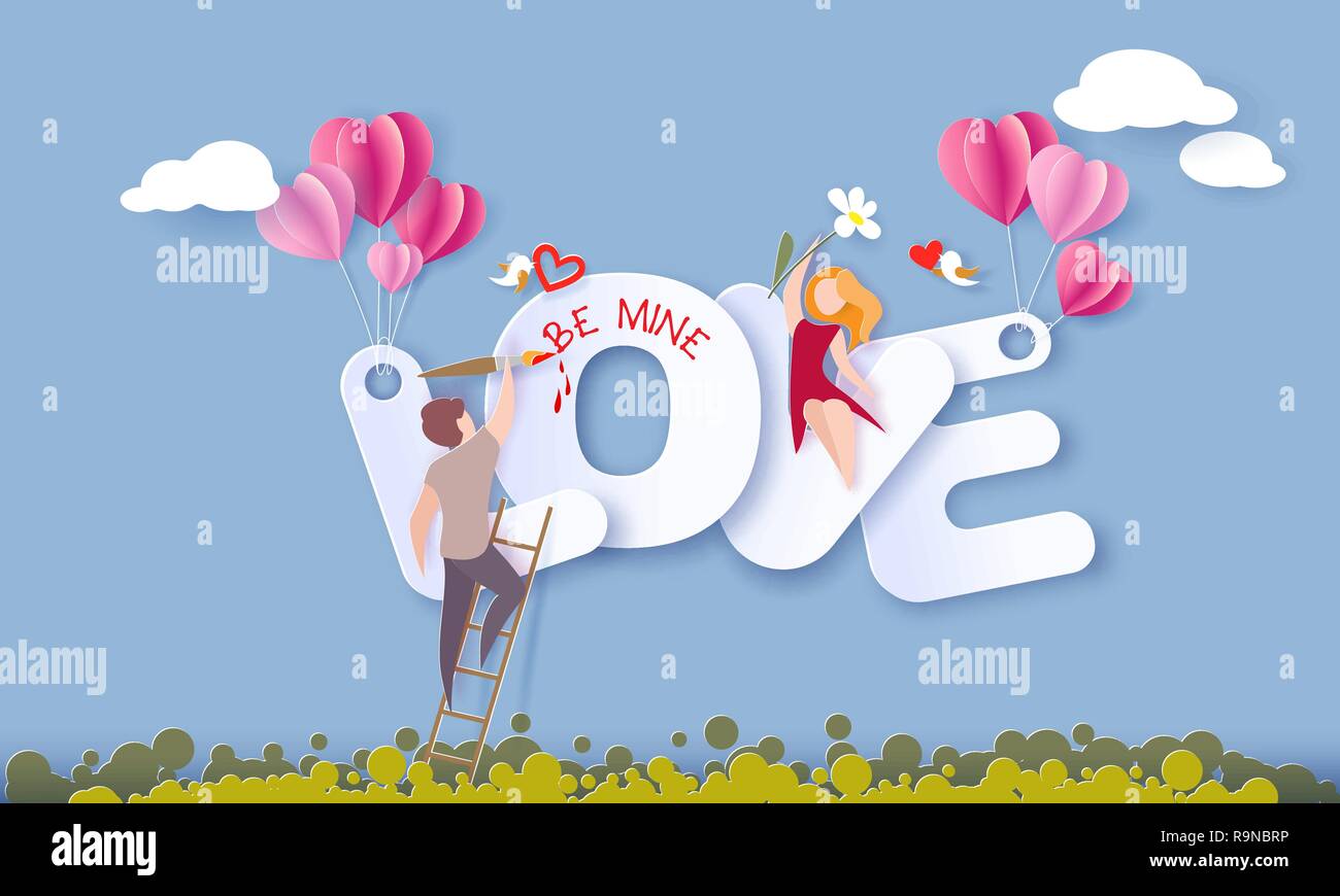 Valentines Tag Karte mit ein paar sitzen auf großen Buchstaben der Liebe mit Luftballons und Malerei auf und blauer Himmel. Vektor Papier art Illustration. Papier geschnitten und Handwerk Stil. Stock Vektor