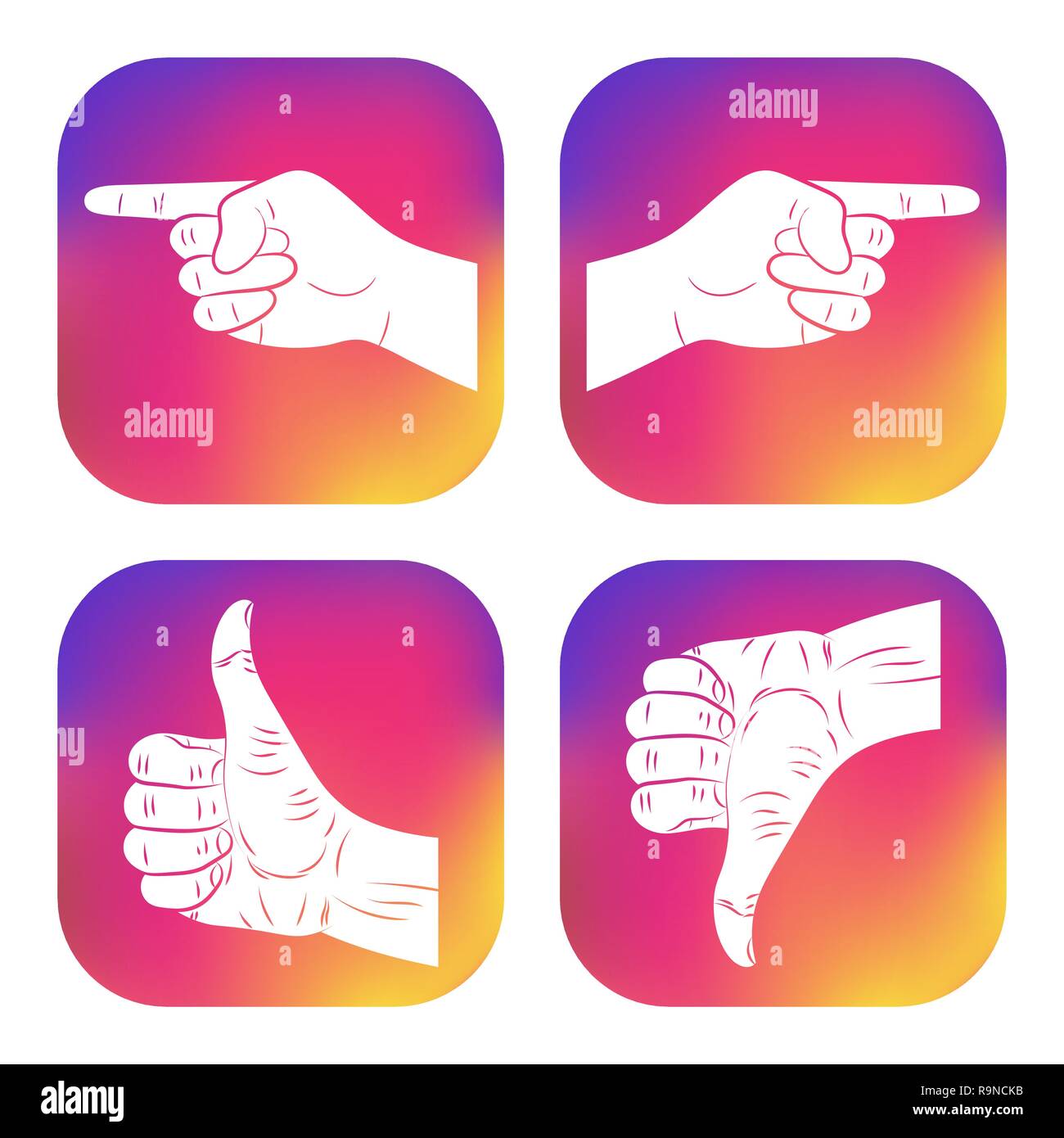 Satz von Symbolen mit den Händen. Neues Design für Anwendungen, Web, soziale Netzwerke. Daumen hoch. Wie. Nicht mögen. Gut. Auf "Ok". Zeigefinger Symbol. Navigation, Dire Stock Vektor