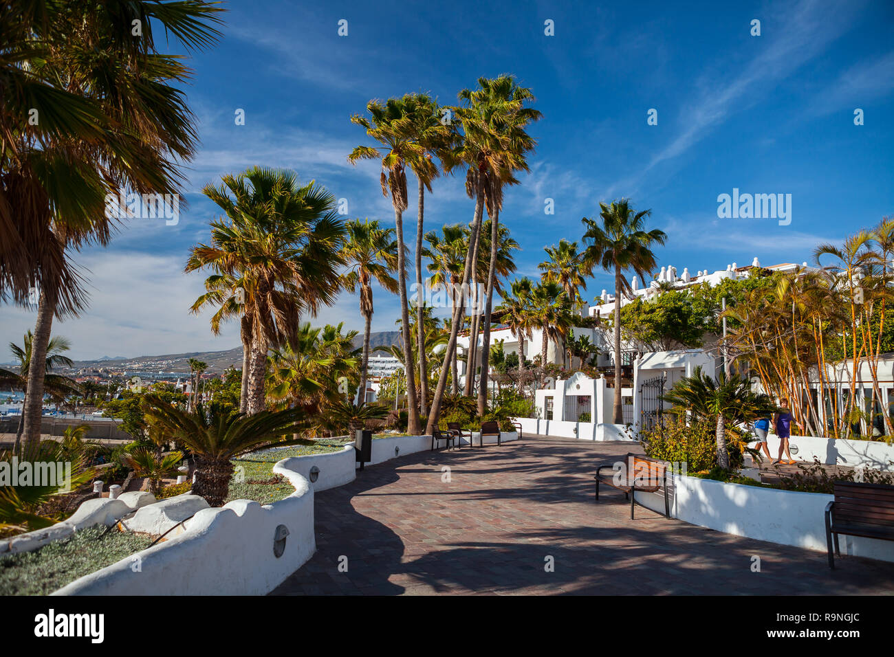 COSTA ADEJE, TENERIFFA - April 8,2014: Schöne Promenade in der Nähe von Hotel Jardin Tropical in Costa Adeje auf Teneriffa, Kanarische Inseln, Spanien. Promenade - pop Stockfoto