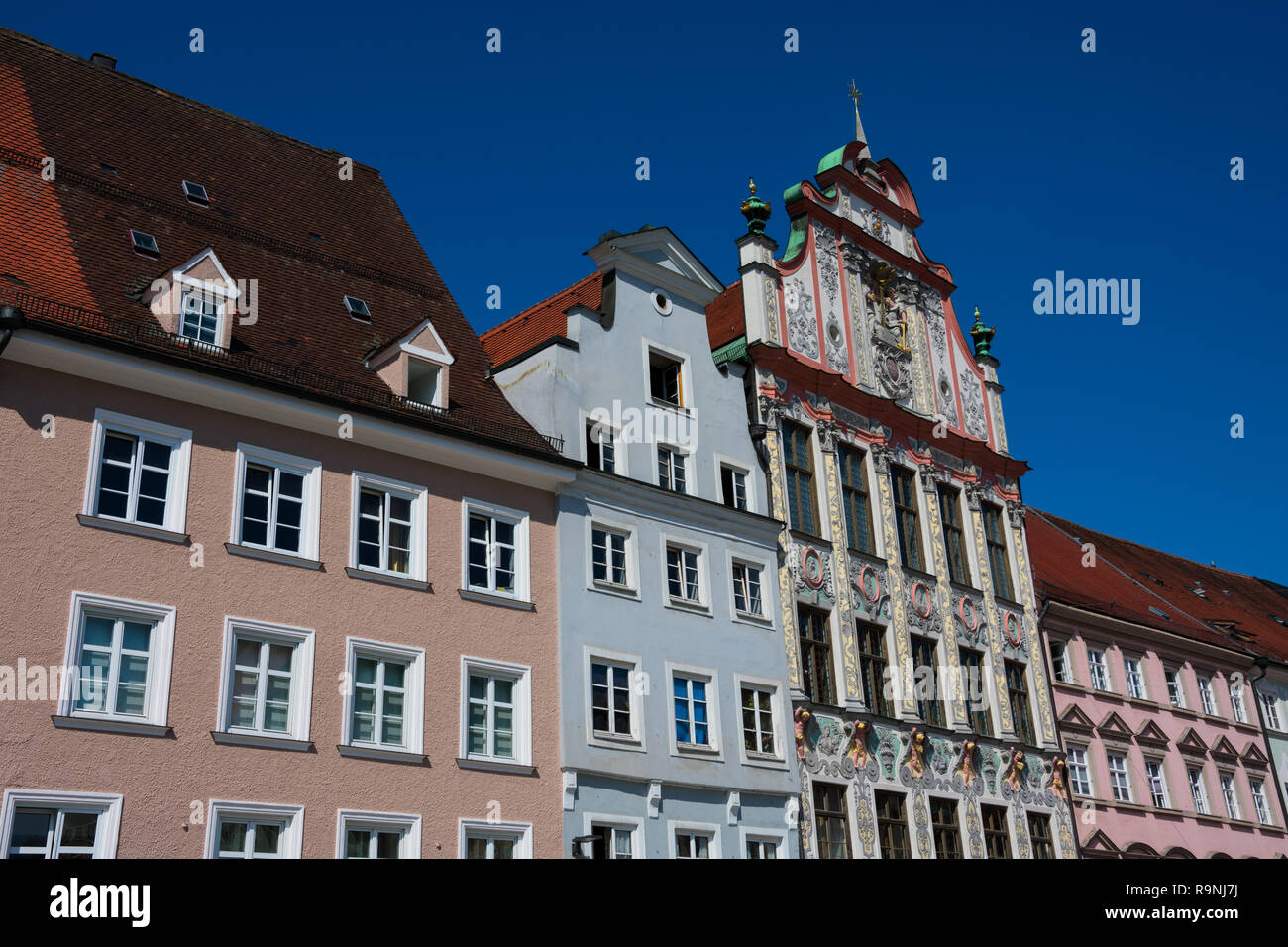 Bunte Häuser, historische Altstadt. Hauptplatz. Landsberg am Lech, Deutschland Stockfoto