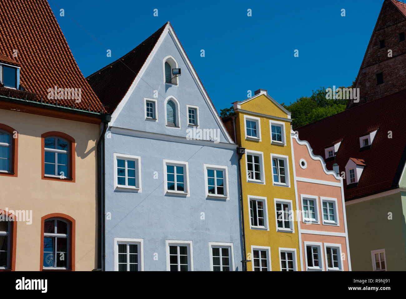 Bunte Häuser, historische Altstadt. Hauptplatz. Landsberg am Lech, Deutschland Stockfoto