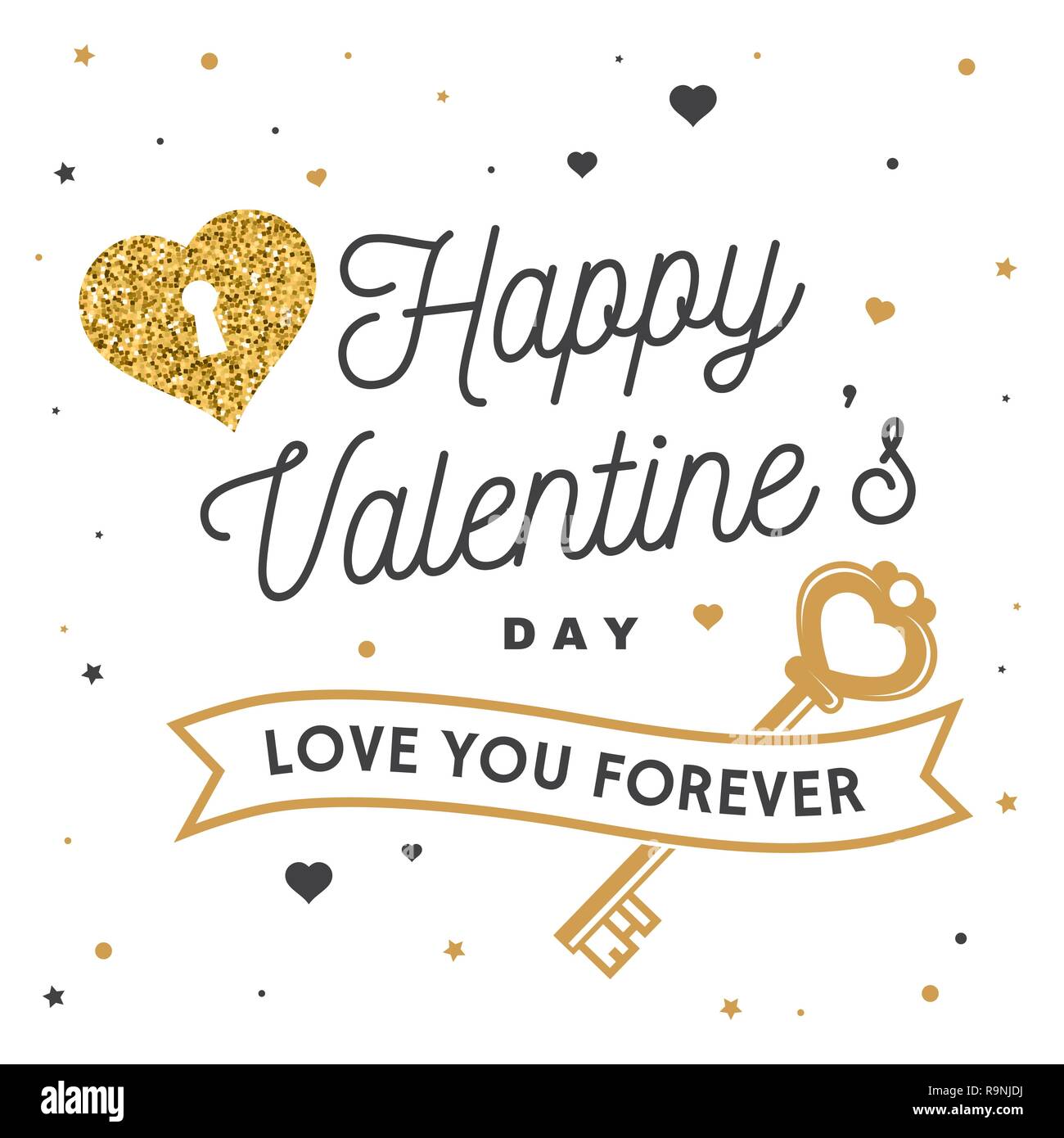 Happy Valentines Tag. Stempel, Abzeichen, Aufkleber, Karte mit Schlüssel und Herz mit Schlüsselloch. Vektor. Vintage Typografie Design für Einladungen, Valentines Tag romantische Feier Emblem im Retro-Stil. Stock Vektor