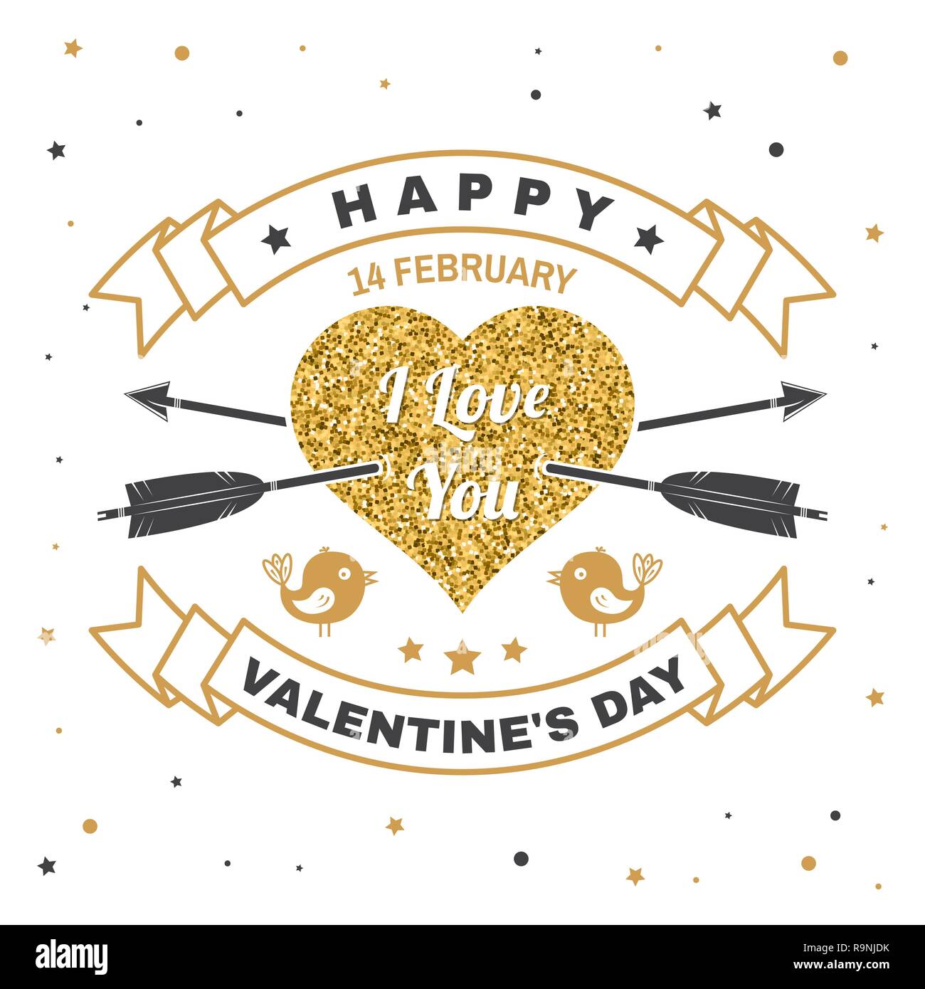 Happy Valentines Tag. Stempel, Abzeichen, Aufkleber, Karte mit Vögeln und Herzen mit Pfeilen. Vektor. Vintage Typografie Design für Einladungen, Valentines Tag romantische Feier Emblem im Retro-Stil. Stock Vektor