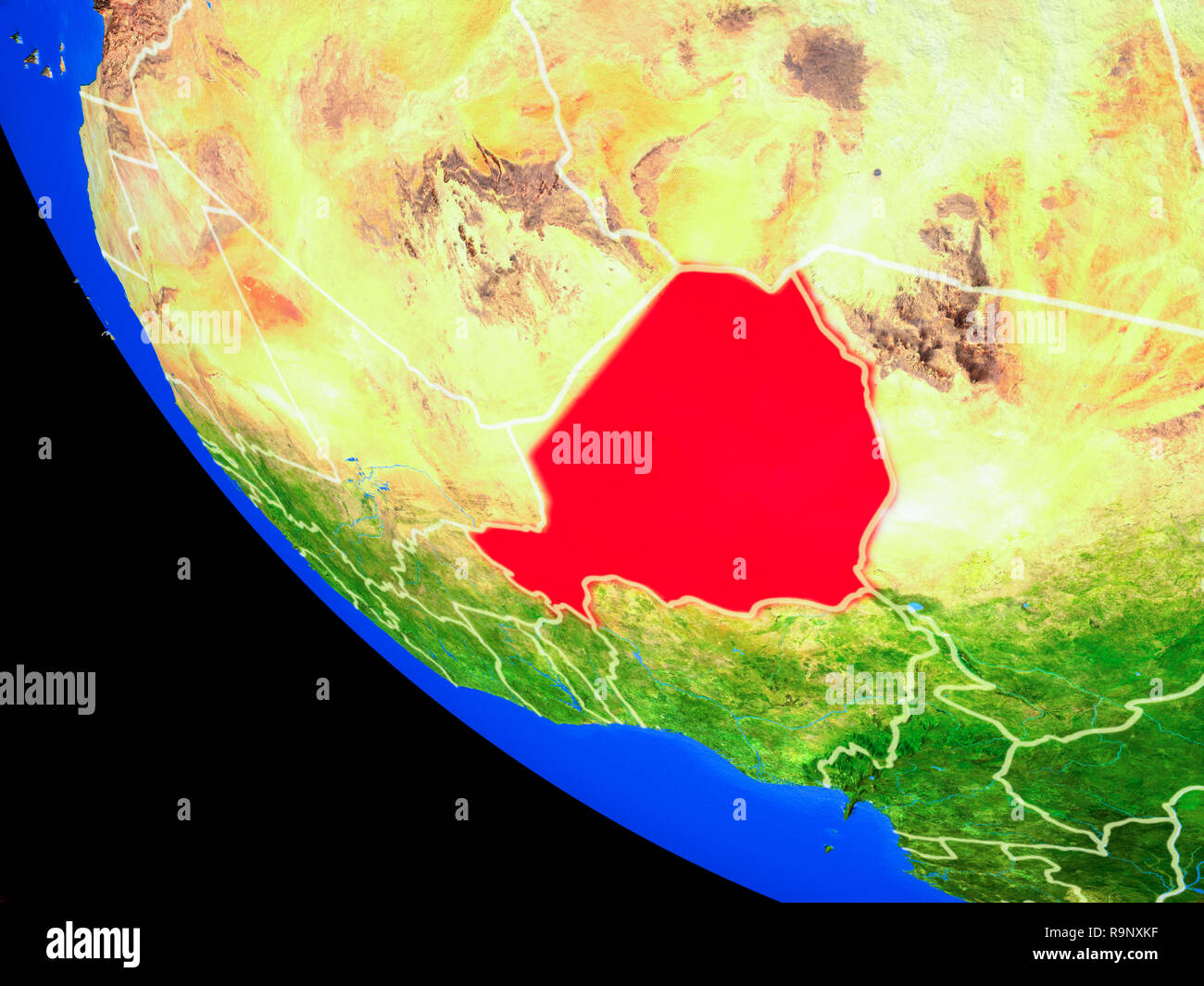 Niger auf realistischen Modell der Erde mit Ländergrenzen und sehr detaillierten Planeten Oberfläche. 3D-Darstellung. Elemente dieses Bild durch N eingerichtet Stockfoto
