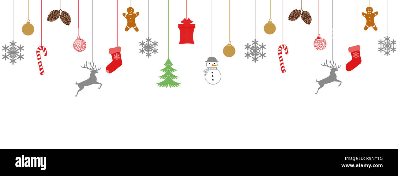 Frohe Weihnachten und guten Rutsch ins Neue Jahr Grußkarte Design Template Layout auf weißem Hintergrund mit hängespielzeug, Socke, Geschenk, feer, Schneeflocke, Süßigkeiten, Baum Stockfoto