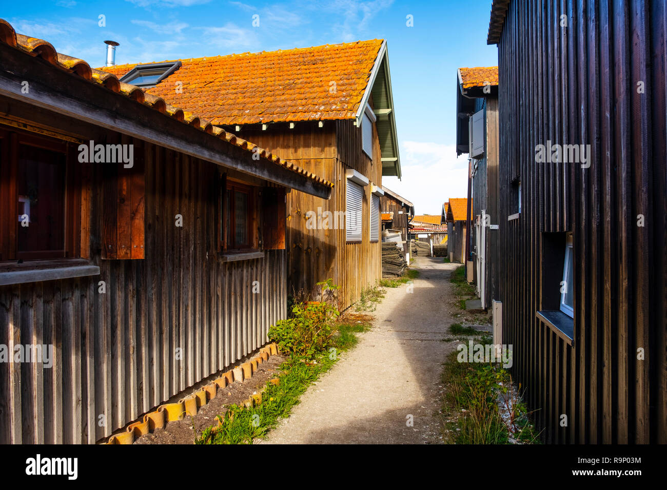 Die austernzucht, Bucht von Arcachon. Bassin d'Arcachon. Lège-Cap-Ferret, Gironde. Region Aquitanien. Frankreich Europa. Stockfoto