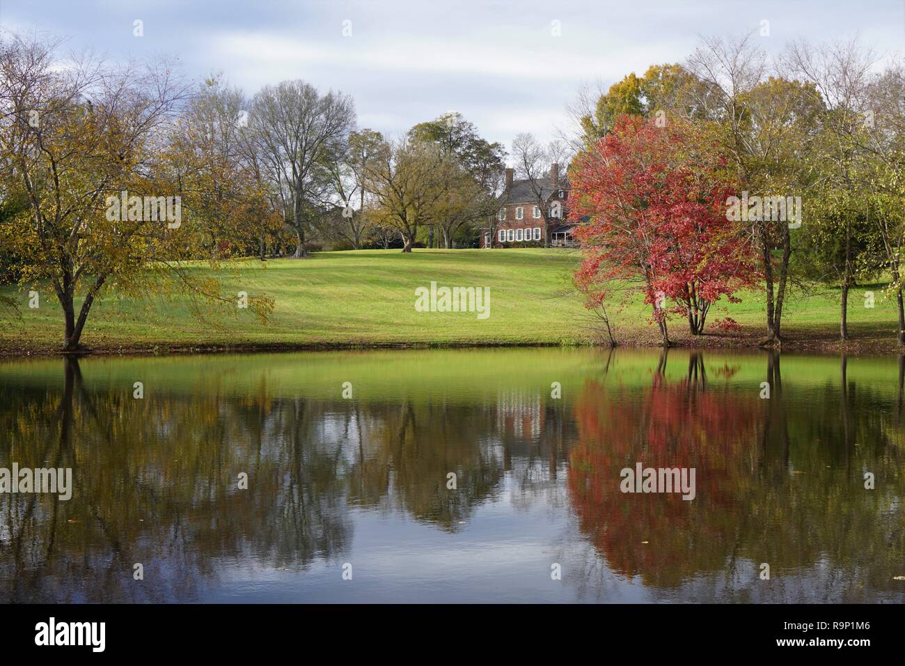 Reflexion von Falllaub, grünes Gras und ein Haus in den ruhigen Wassern des Teiches in North Carolina Stockfoto