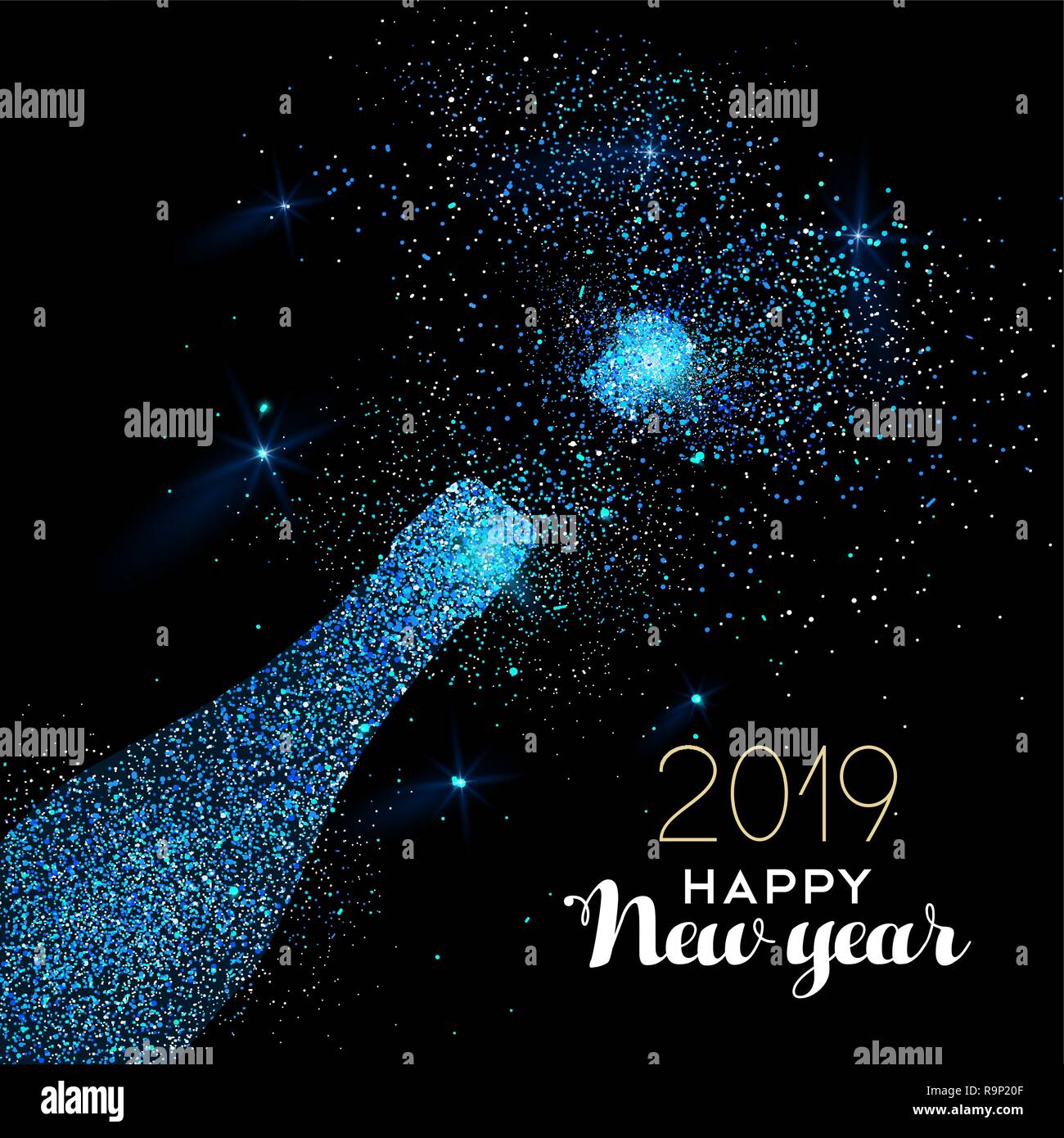 Neues Jahr luxus Grußkarte Abbildung, Champagner Flasche aus einem blauen Glitzer Textur auf schwarz 24.00 Uhr Hintergrund mit Urlaub Text zitieren. Stock Vektor