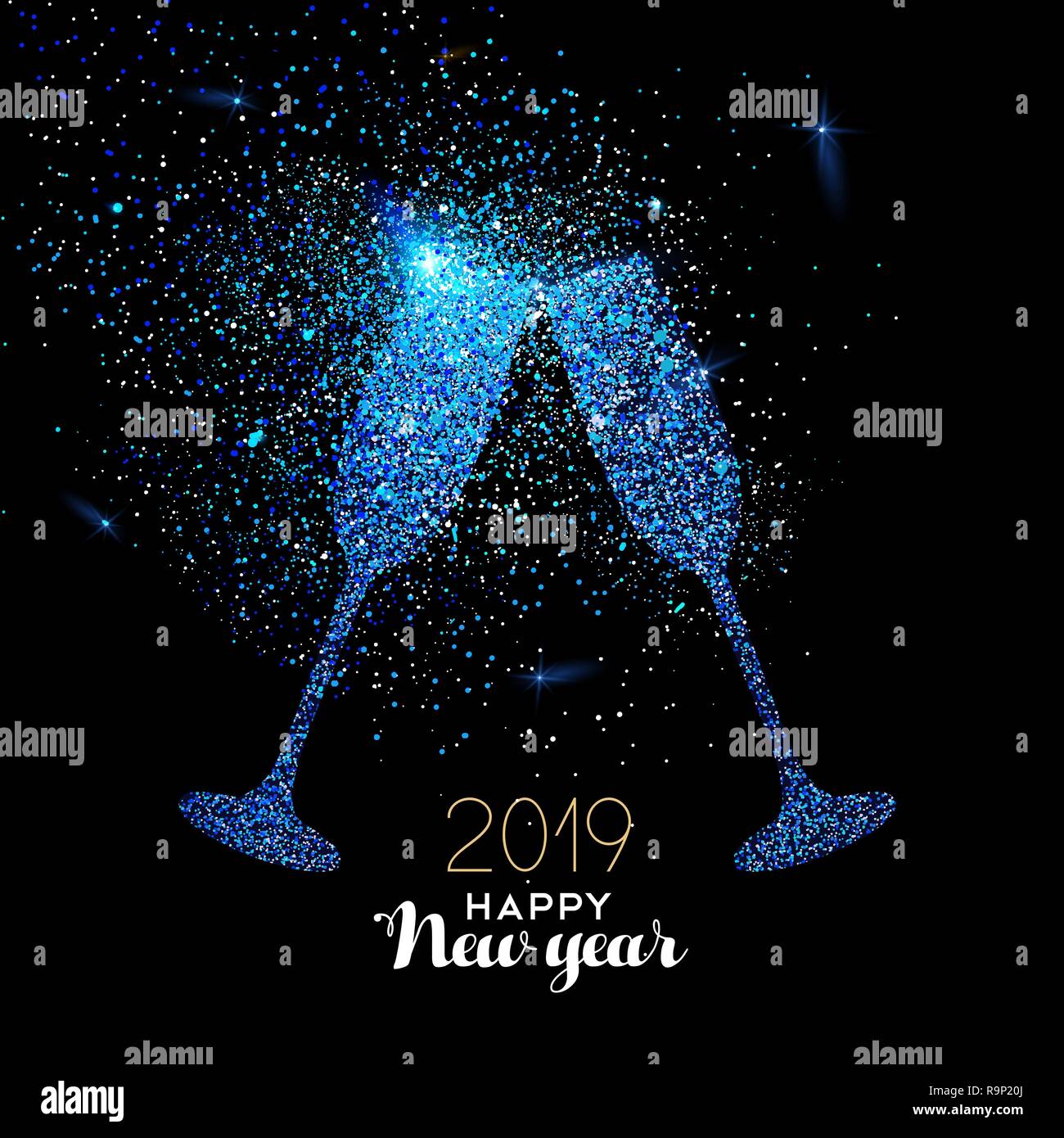 Neues Jahr luxus Grußkarte Abbildung, party Glas Toast blau glitter Textur auf schwarz 24.00 Uhr Hintergrund mit Urlaub Text zitieren. Stock Vektor