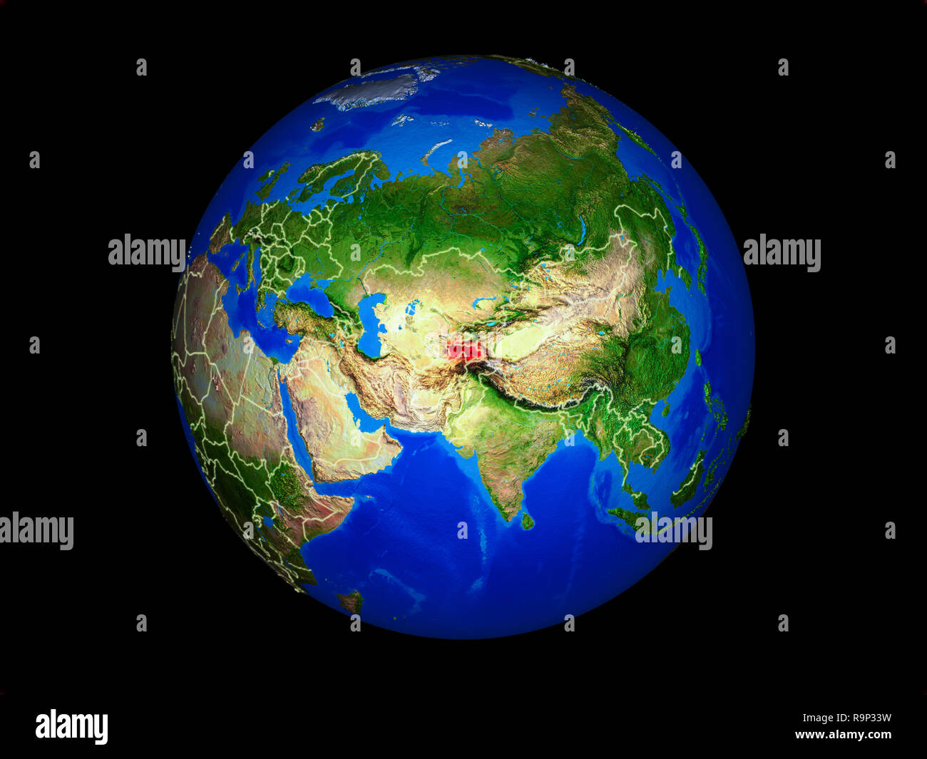 Tadschikistan auf dem Planeten Erde mit Ländergrenzen. Extrem detaillierte Planeten Oberfläche. 3D-Darstellung. Elemente dieses Bild von der NASA eingerichtet. Stockfoto
