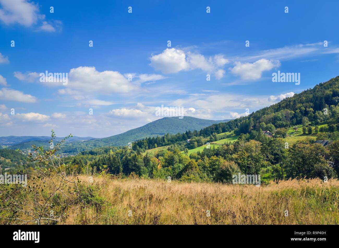 Schönen ländlichen Berglandschaft. Hütten auf den Hügeln im Sommer Landschaft. Stockfoto